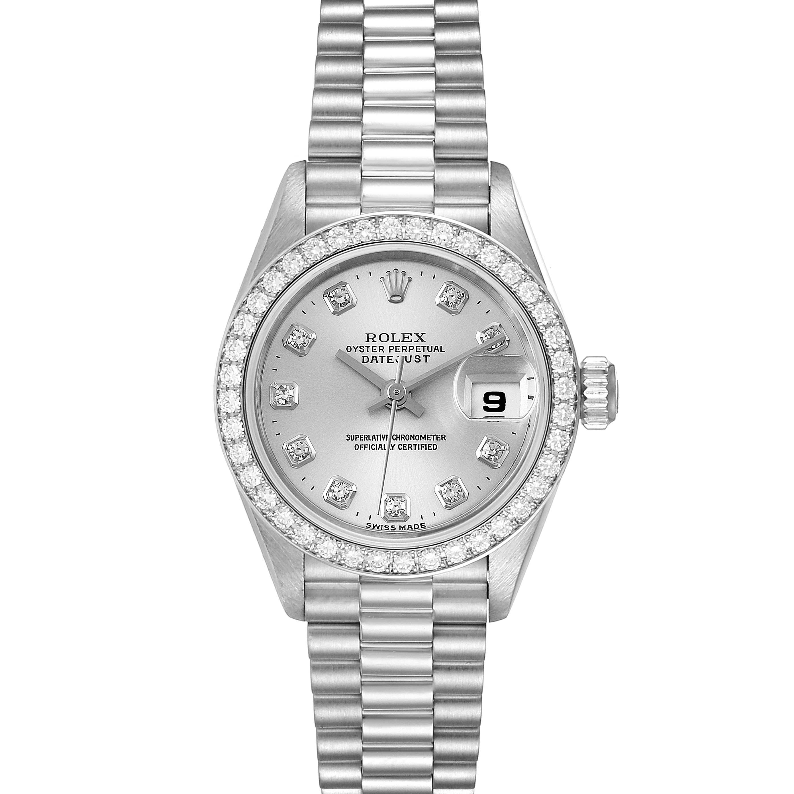 This image shows a Rolex President 69136 Women's Platinum Silver Dial 69136 Women's Platinum Silver Dial model watch, displaying the face, bezel, bracelet, and date window from a top-down angle.