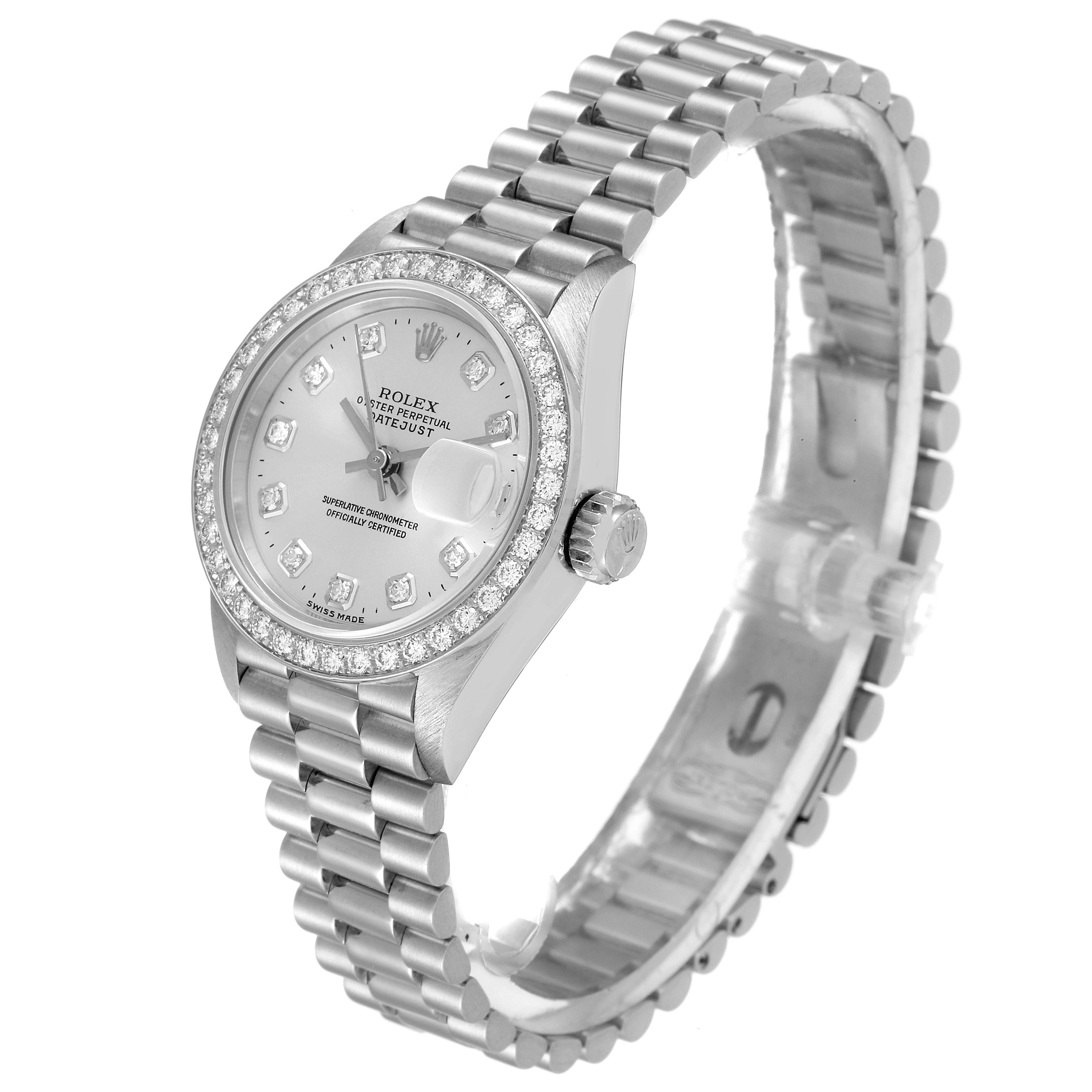 The image shows the Rolex President 69136 Women's Platinum Silver Dial 69136 Women's Platinum Silver Dial model watch at a three-quarter angle, highlighting the face, bezel, crown, and bracelet.