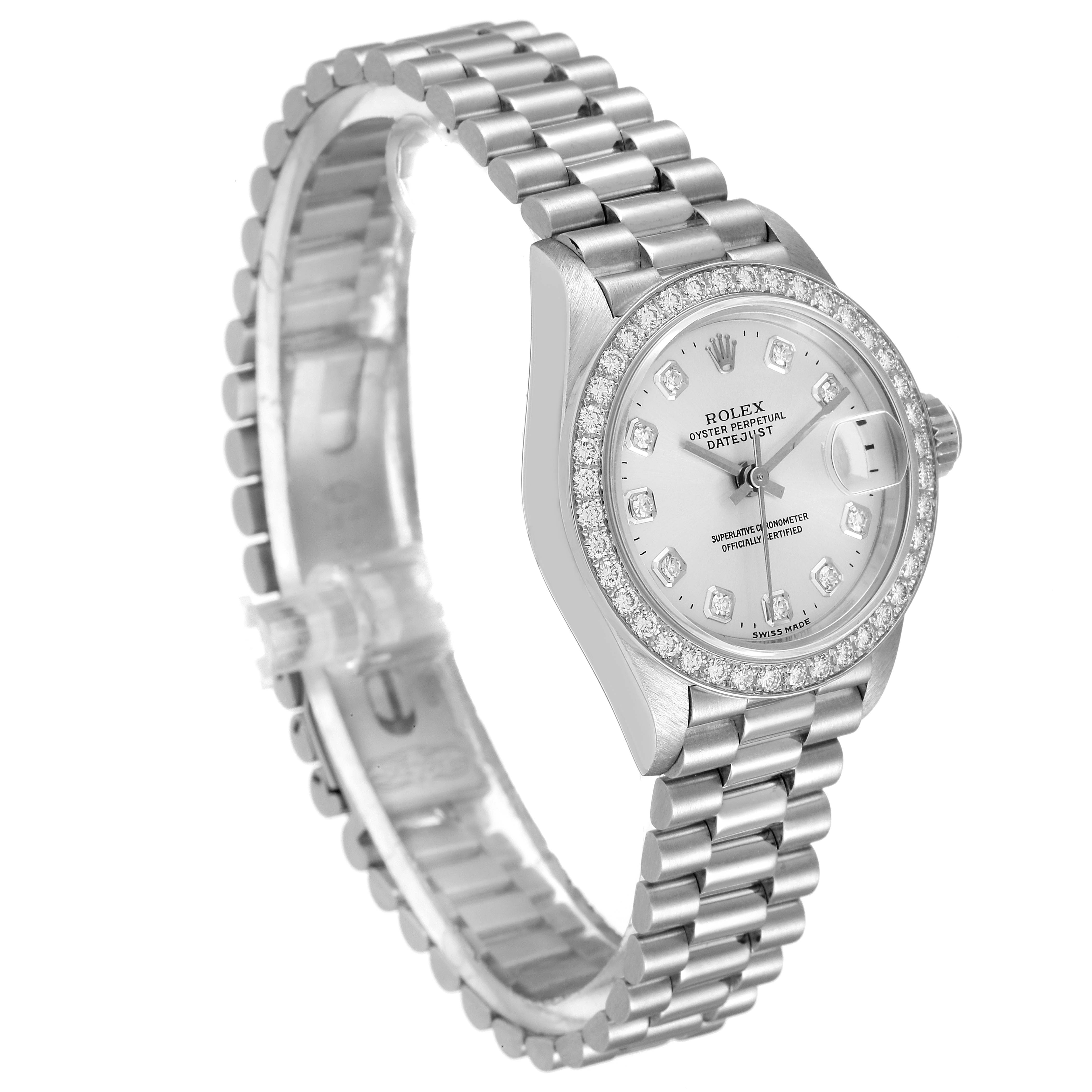 The Rolex President 69136 Women's Platinum Silver Dial 69136 Women's Platinum Silver Dial watch is shown at an angled view, displaying the face, bezel, and bracelet.