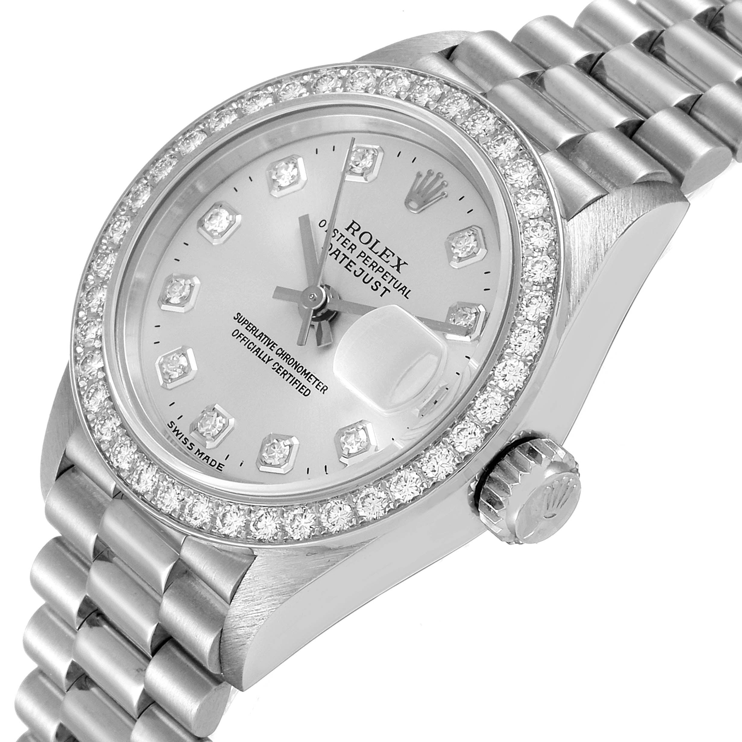 The image shows a Rolex President 69136 Women's Platinum Silver Dial 69136 Women's Platinum Silver Dial model watch from an angled side view, highlighting the face, bezel, and part of the bracelet.