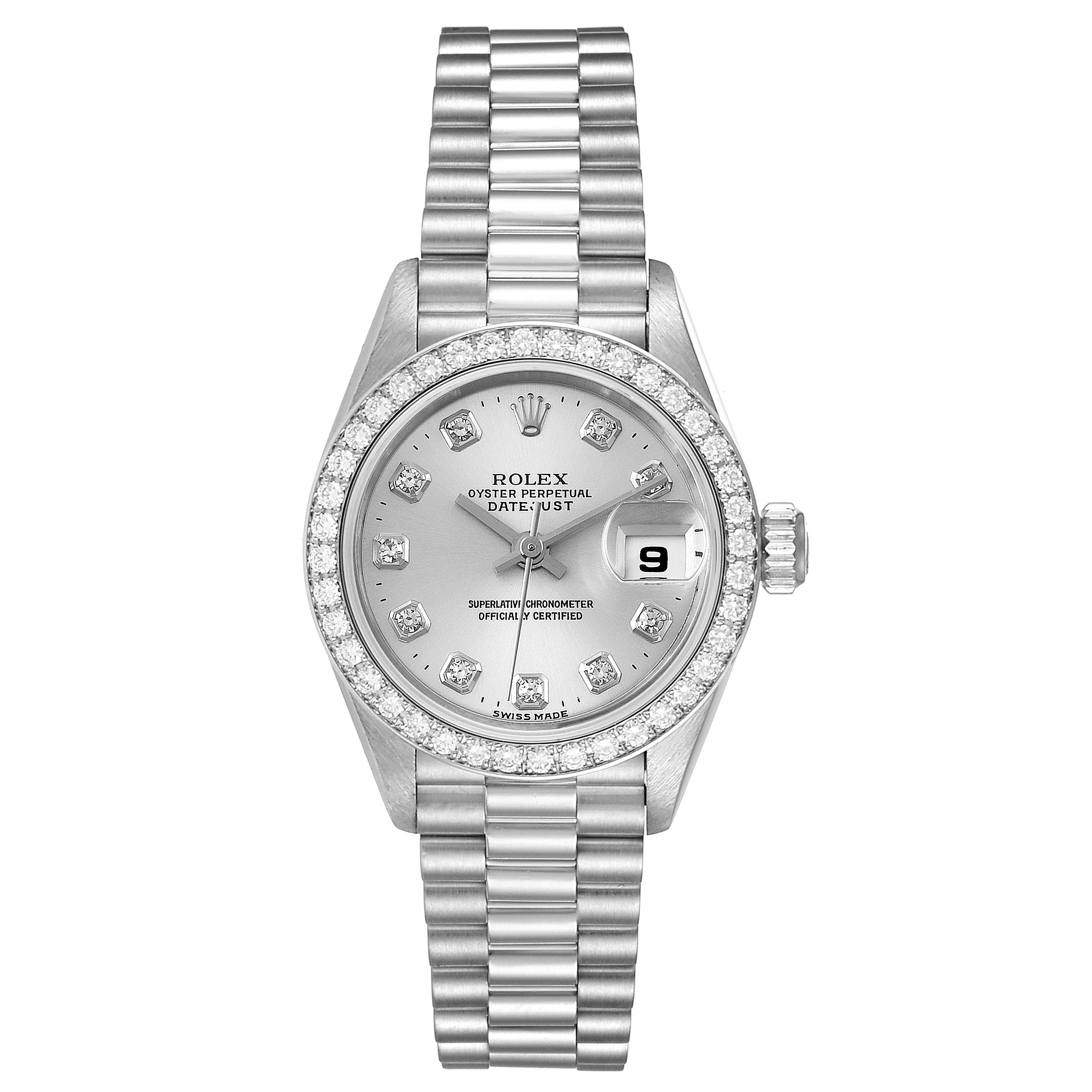 The image shows a Rolex President 69136 Women's Platinum Silver Dial 69136 Women's Platinum Silver Dial model watch from a front angle, featuring its face, dial, bracelet, and date display.