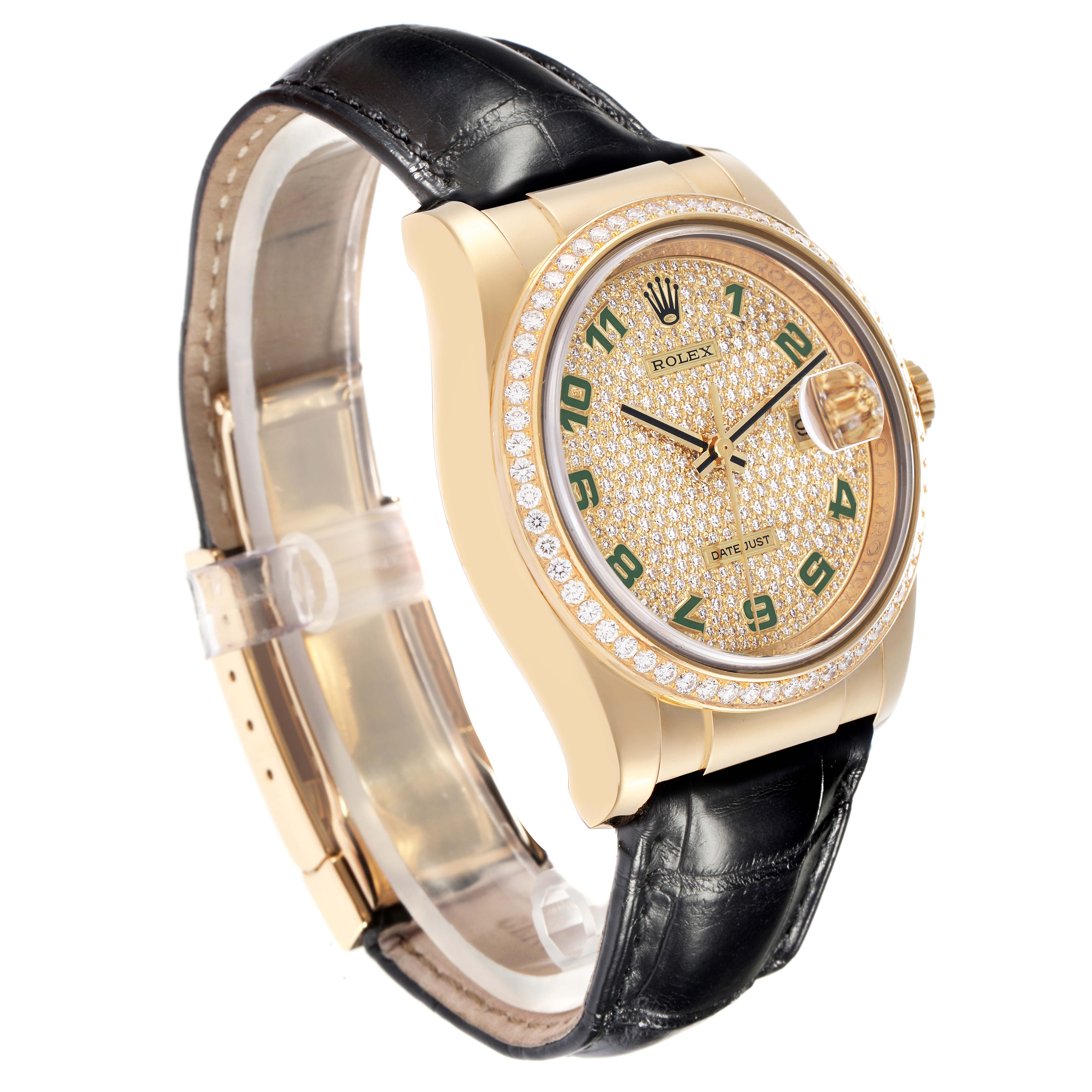 The Rolex President 116188 Men
s Yellow Gold Champagne Dial 116188 Men
s Yellow Gold Champagne Dial watch is shown at a three-quarter angle, displaying the face, bezel, crown, and black leather strap.