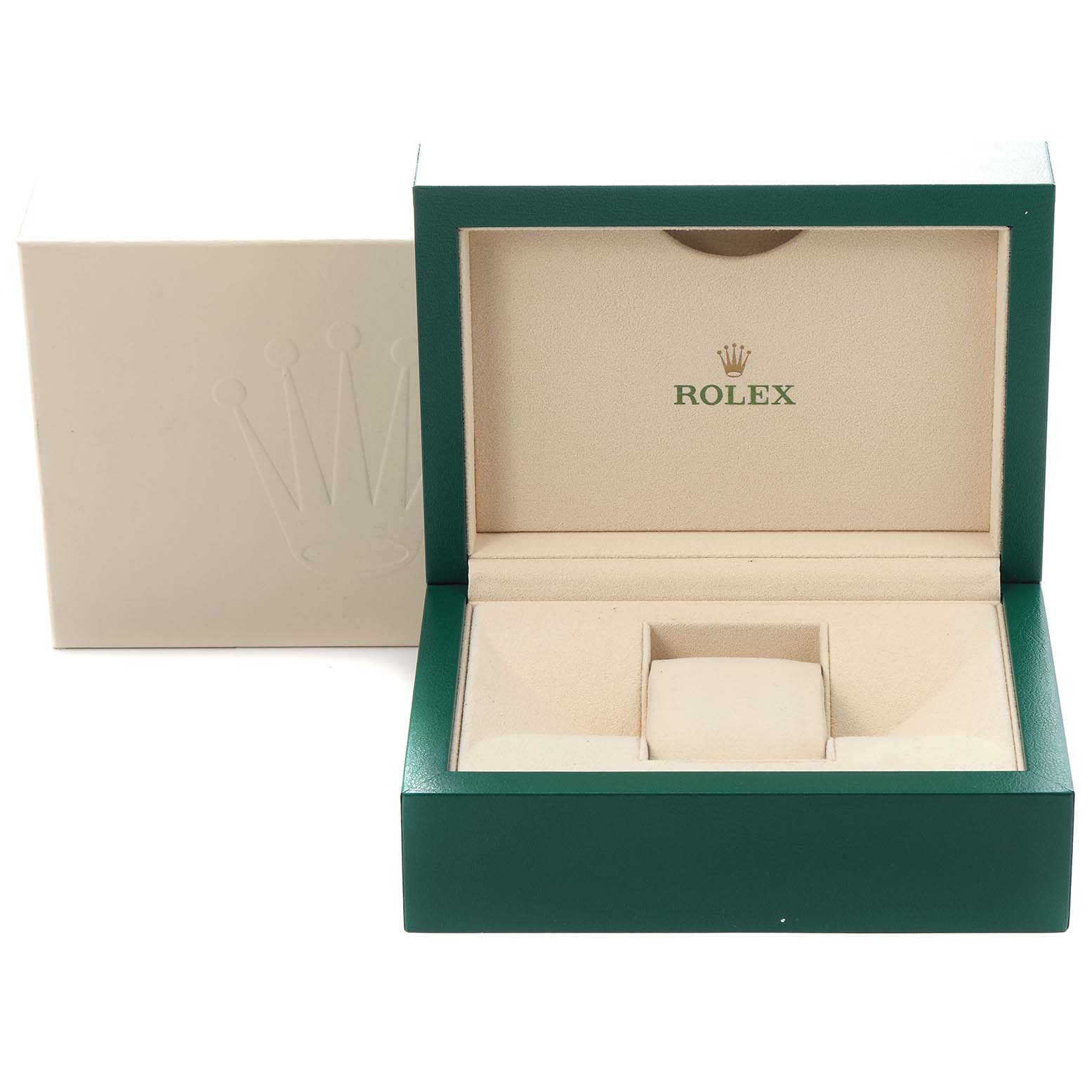 The image shows a green Rolex President 116188 Men
s Yellow Gold Champagne Dial 116188 Men
s Yellow Gold Champagne Dial watch box, opened to reveal the interior with the brand logo.