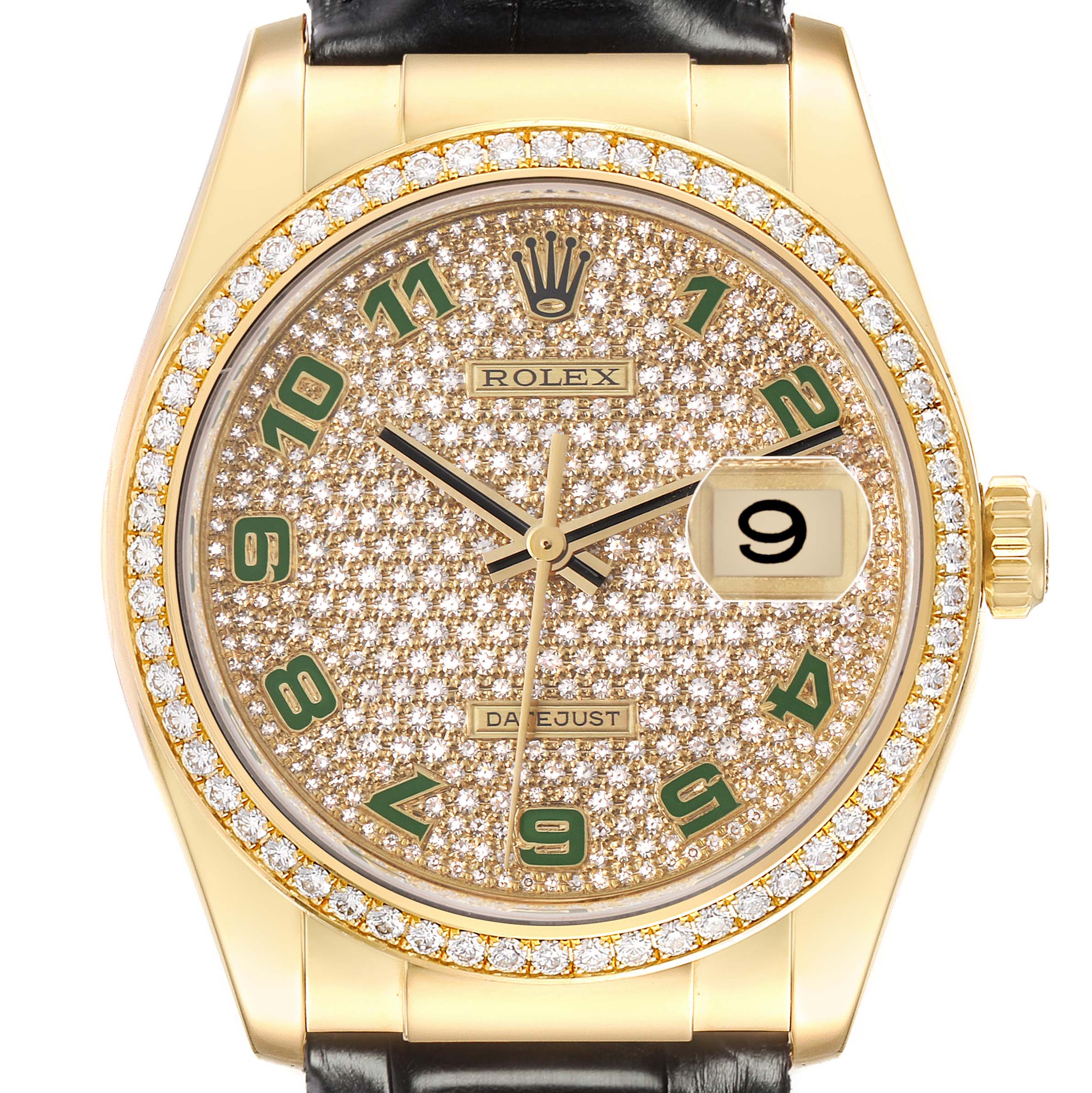 The Rolex President 116188 Men
s Yellow Gold Champagne Dial 116188 Men
s Yellow Gold Champagne Dial model watch is shown from a front angle, highlighting the diamond-encrusted dial and bezel.