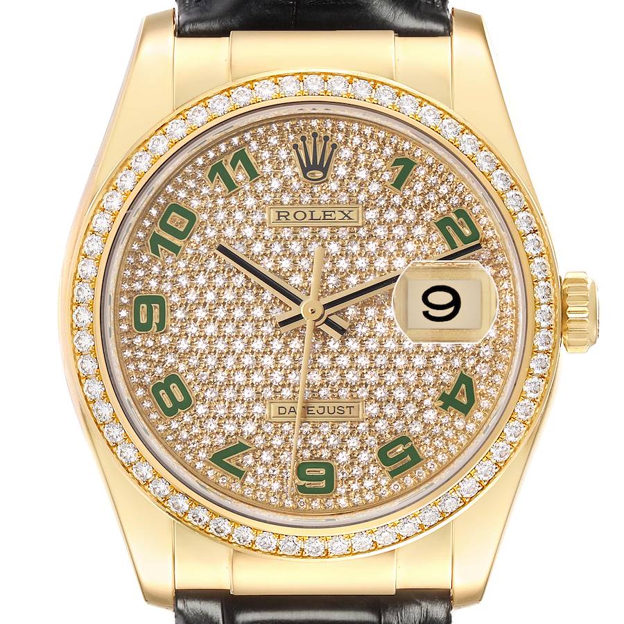 The Rolex President model watch is shown from a front angle, highlighting the diamond-encrusted dial and bezel.