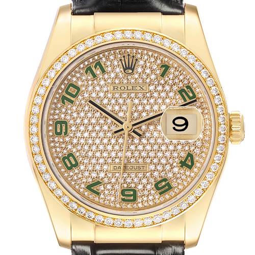 The Rolex President watch is shown from a front angle, highlighting the diamond-studded dial, green numerals, and date window.