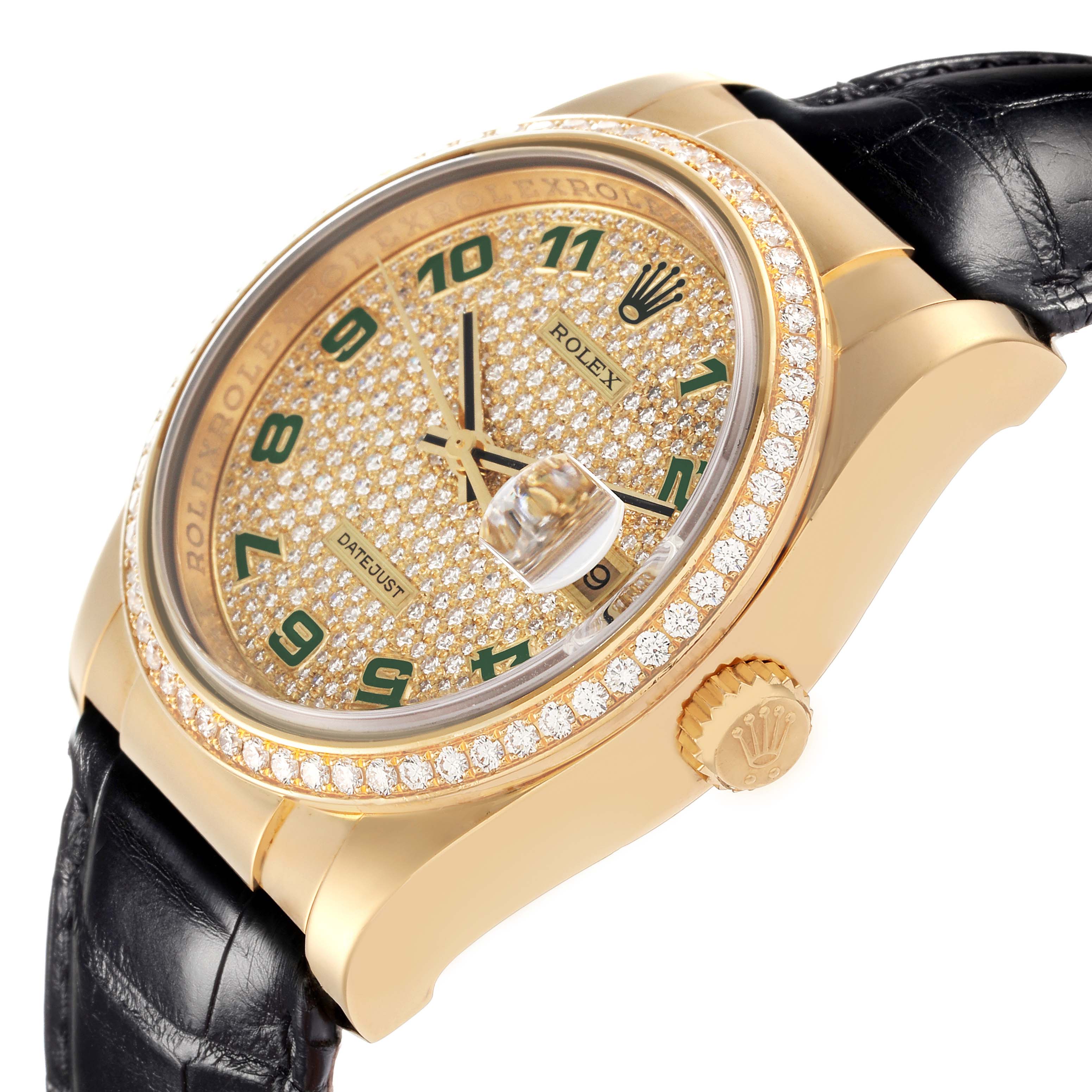 The image shows a Rolex President 116188 Men
s Yellow Gold Champagne Dial 116188 Men
s Yellow Gold Champagne Dial watch at a side angle, highlighting the diamond-studded bezel, dial, and crown with a leather strap.