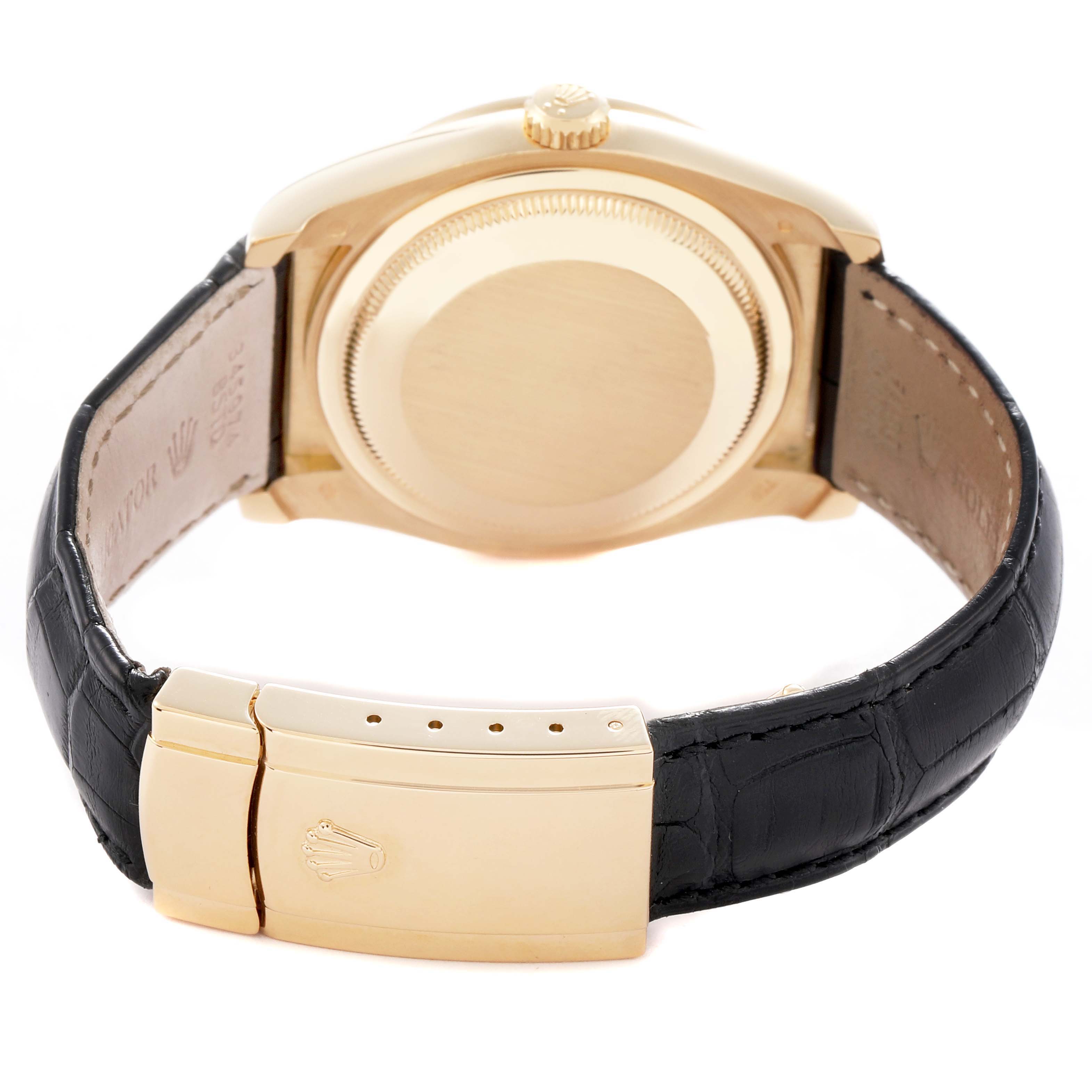 The image shows the back of a Rolex President 116188 Men
s Yellow Gold Champagne Dial 116188 Men
s Yellow Gold Champagne Dial model watch, focusing on the caseback, crown, and black leather strap with clasp.