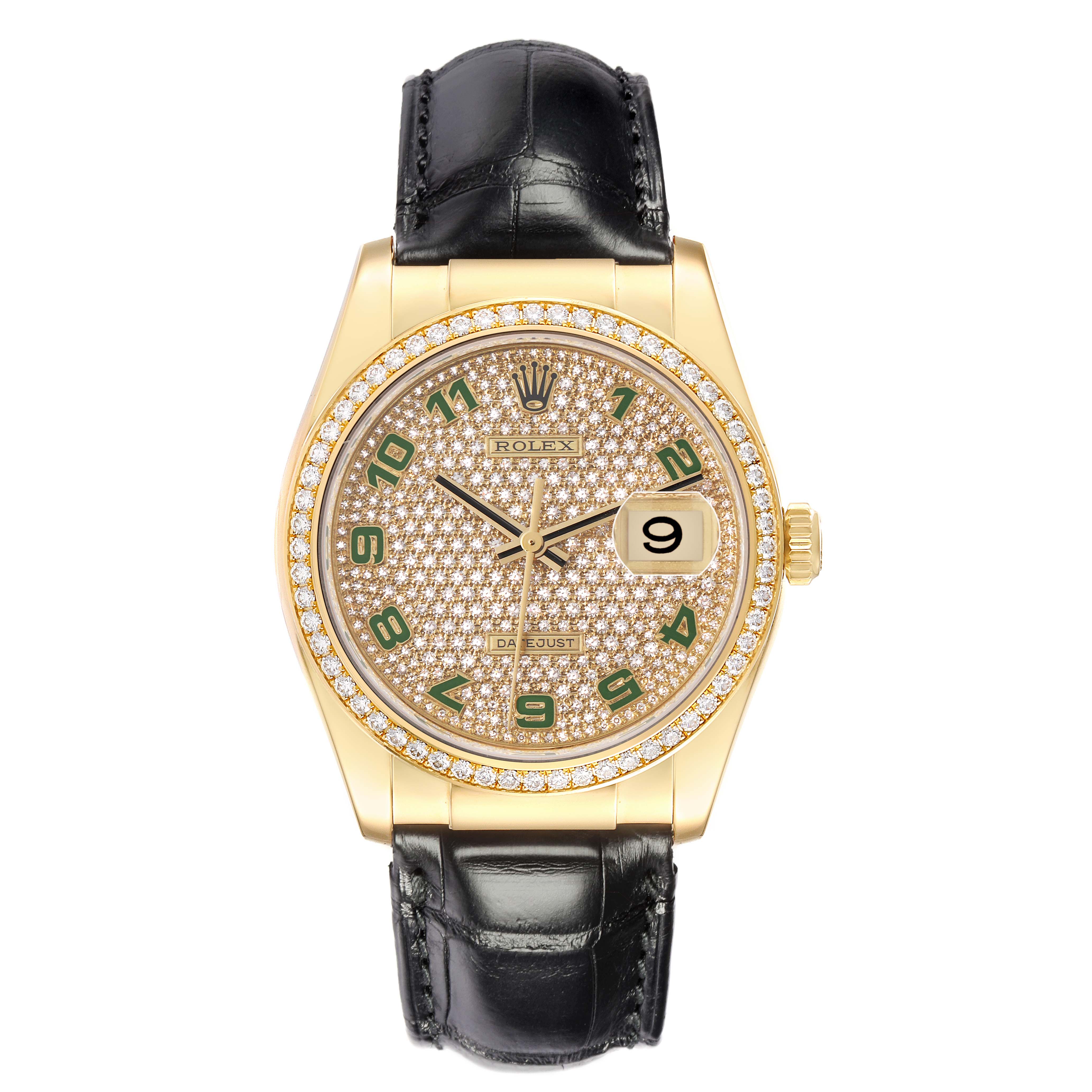 The Rolex President 116188 Men
s Yellow Gold Champagne Dial 116188 Men
s Yellow Gold Champagne Dial model is shown from the front, displaying the diamond-encrusted dial, black leather strap, and gold case.