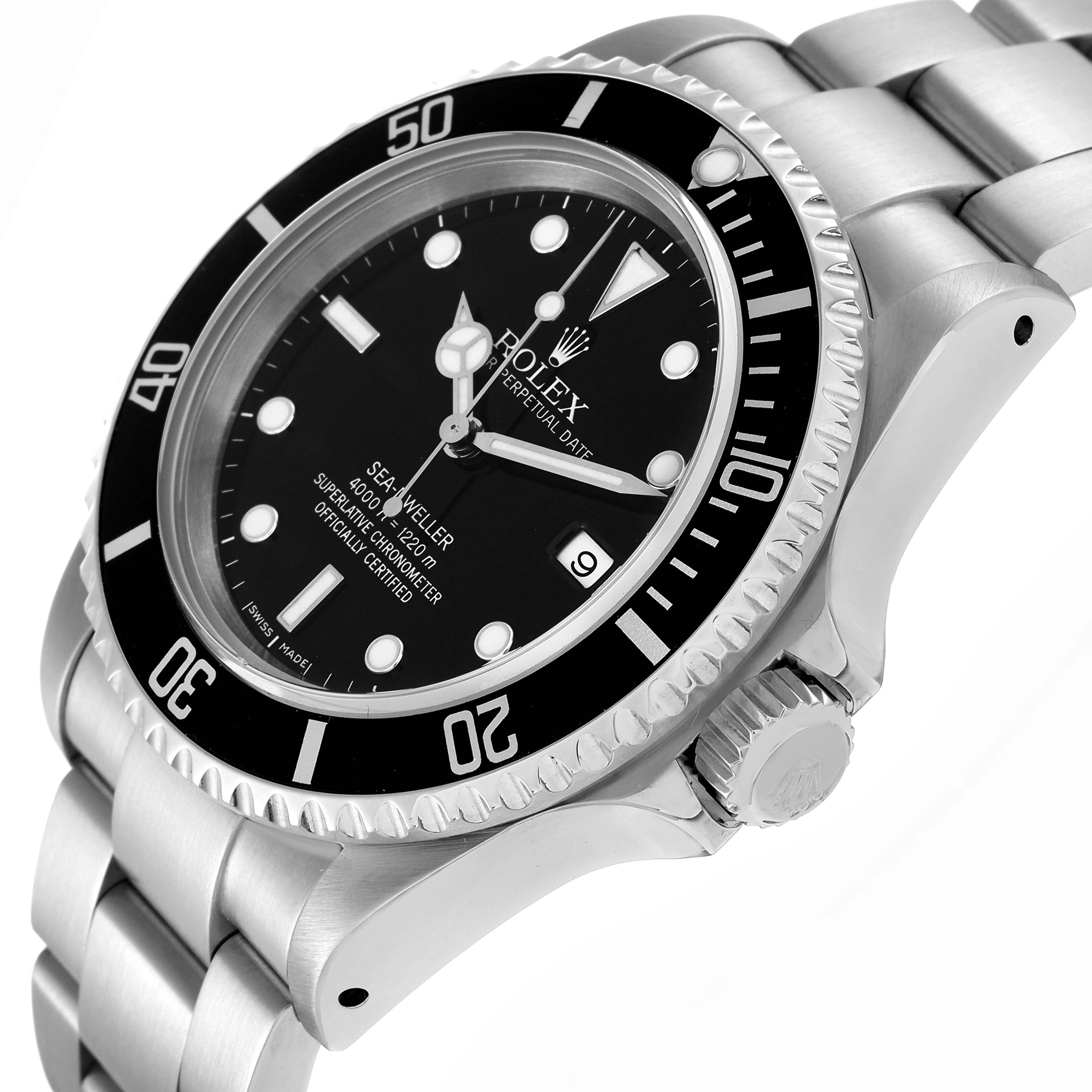 The Rolex Sea-Dweller 16600 Men
s Stainless Steel Black Dial 16600 Men
s Stainless Steel Black Dial watch is shown at an angled side view, highlighting its bezel, dial, and bracelet.