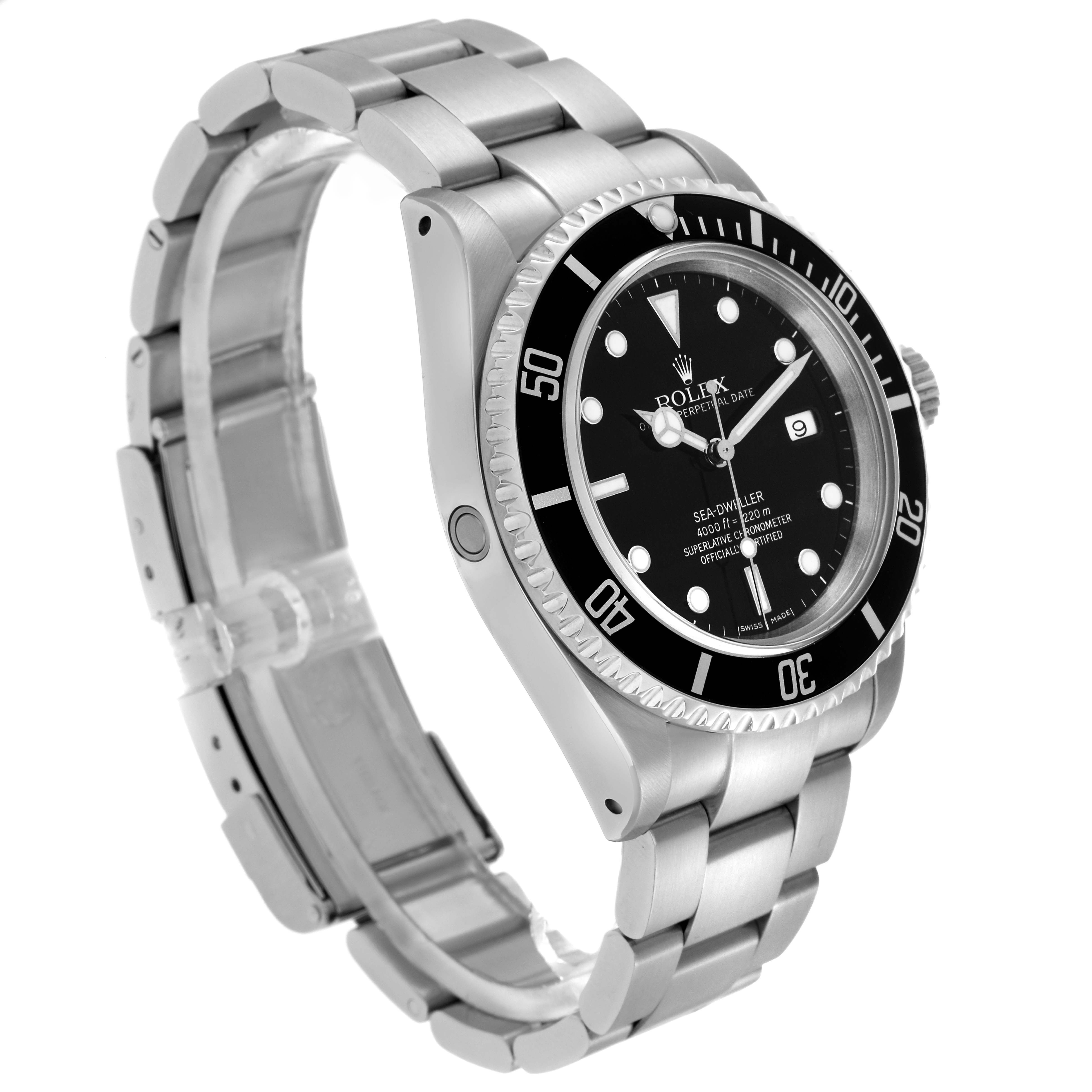 The Rolex Sea-Dweller 16600 Men
s Stainless Steel Black Dial 16600 Men
s Stainless Steel Black Dial is shown at an angle highlighting the case, bezel, dial, bracelet, and date feature.