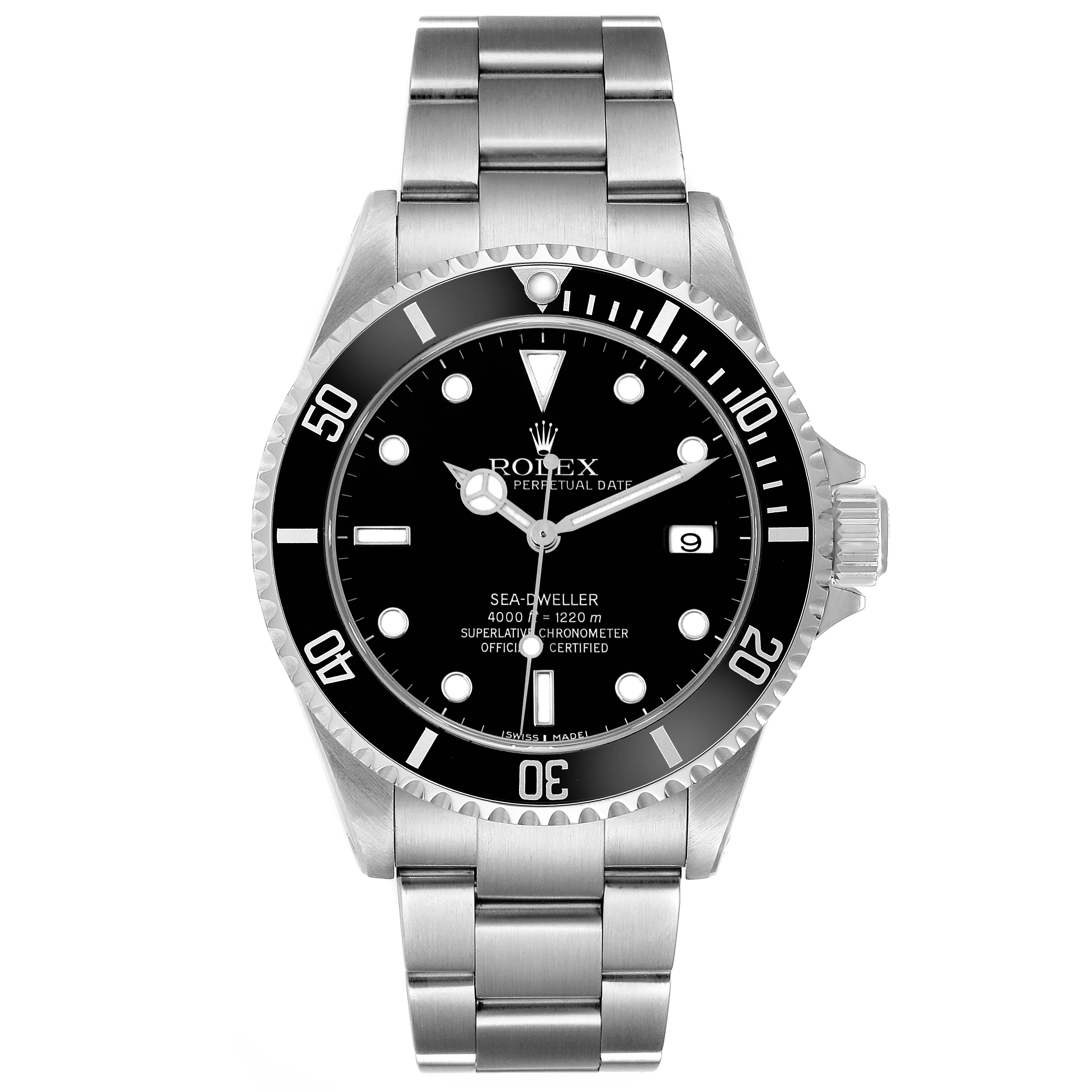 The Rolex Sea-Dweller 16600 Men
s Stainless Steel Black Dial 16600 Men
s Stainless Steel Black Dial watch is shown from the front, displaying its dial, bezel, and bracelet.