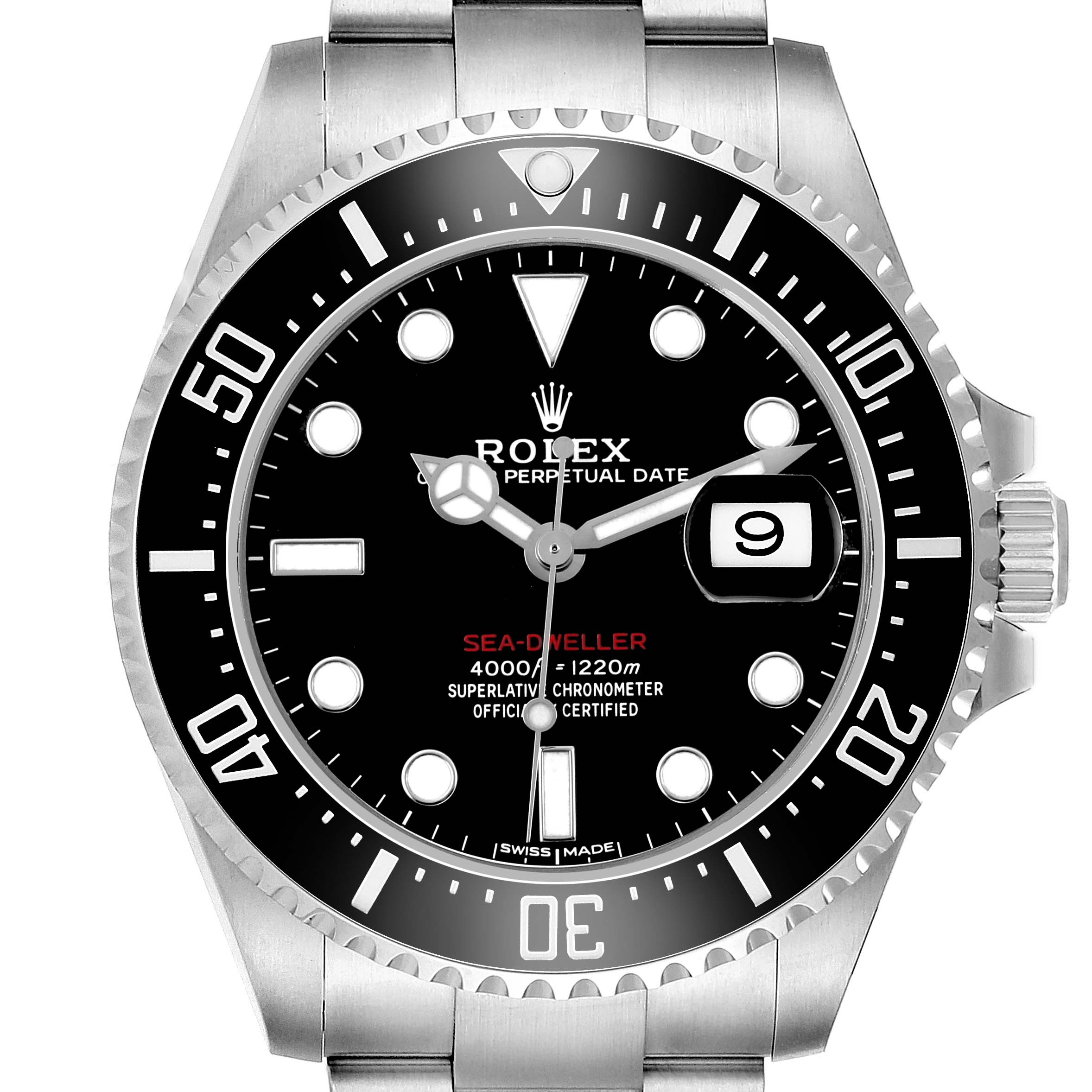 The image shows a frontal view of the Rolex Sea-Dweller 126600 Men's Stainless Steel Black Dial watch, highlighting the dial, bezel, and crown.