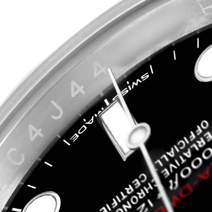 The image shows a close-up angle of the Rolex Sea-Dweller 126600 Men's Stainless Steel Black Dial's dial, focusing on the hands and part of the chapter ring.