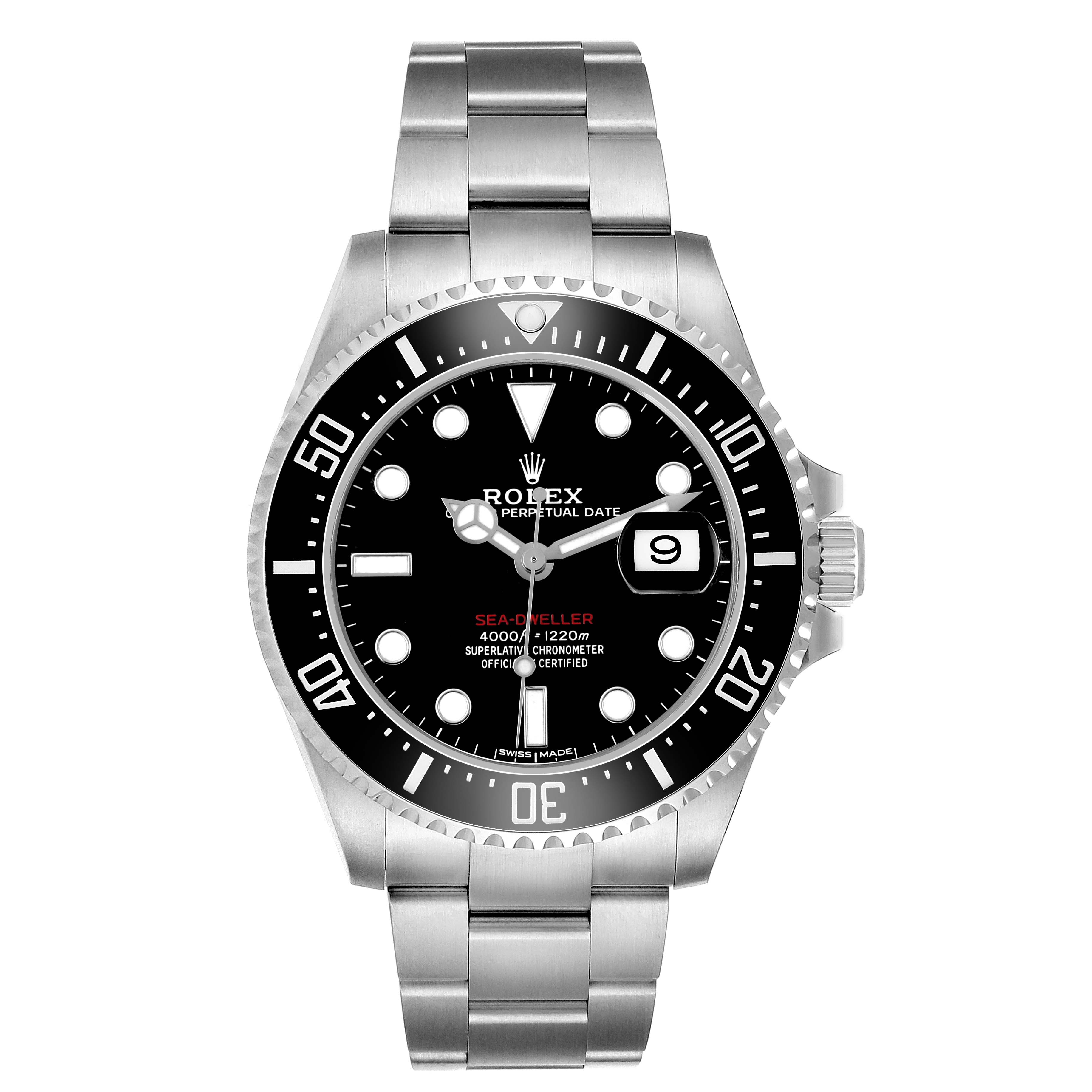 The Rolex Sea-Dweller 126600 Men's Stainless Steel Black Dial watch is shown from the front, highlighting the dial, bezel, date window, and bracelet.