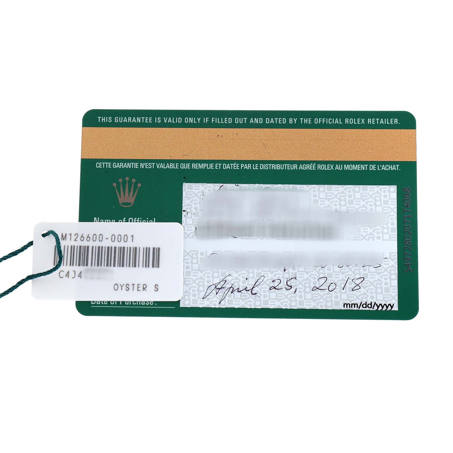 The image shows the official warranty card and tag for a Rolex Sea-Dweller 126600 Men's Stainless Steel Black Dial watch, displaying information details.