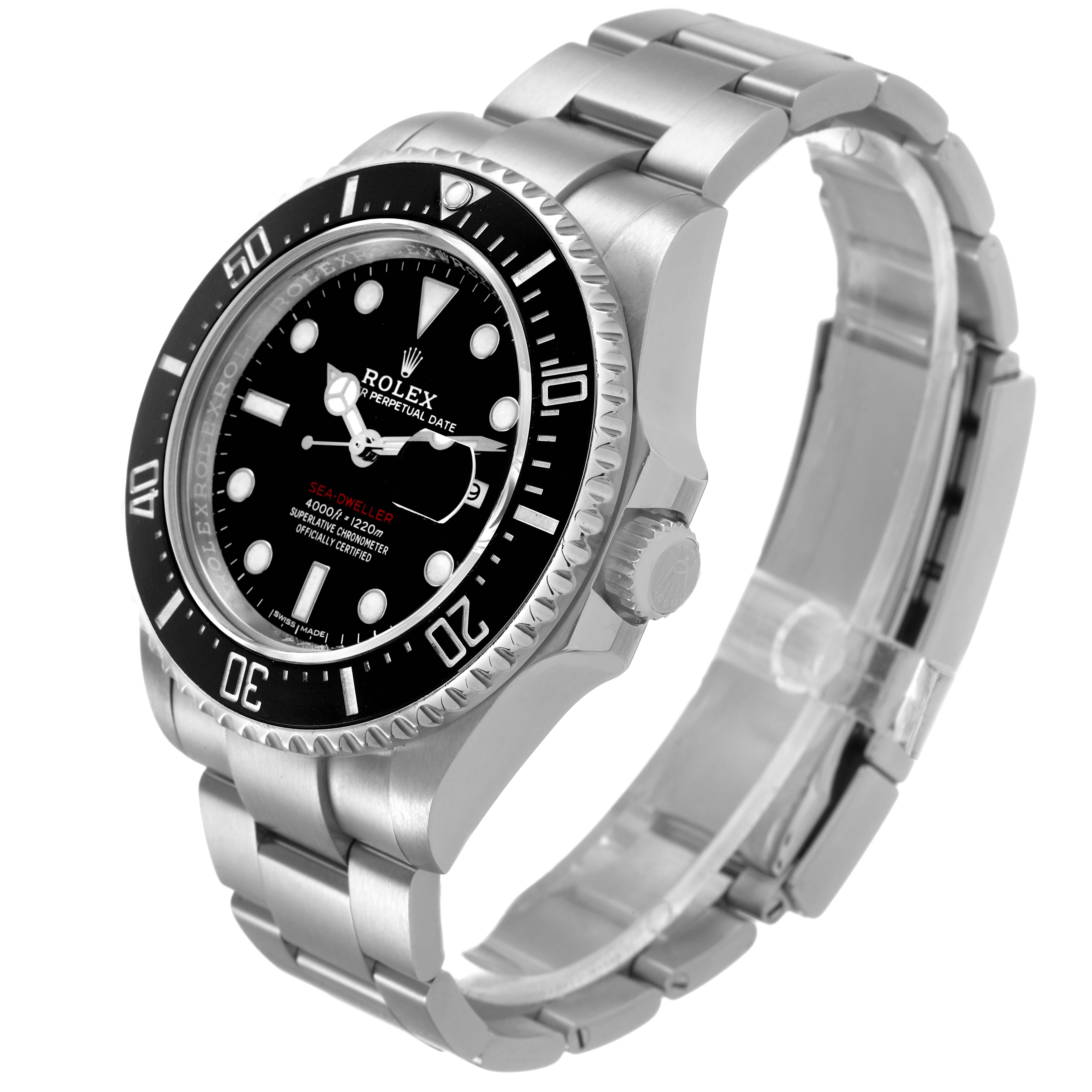 The Rolex Sea-Dweller 126600 Men's Stainless Steel Black Dial watch is shown at a three-quarter angle, highlighting the bezel, dial, and bracelet.