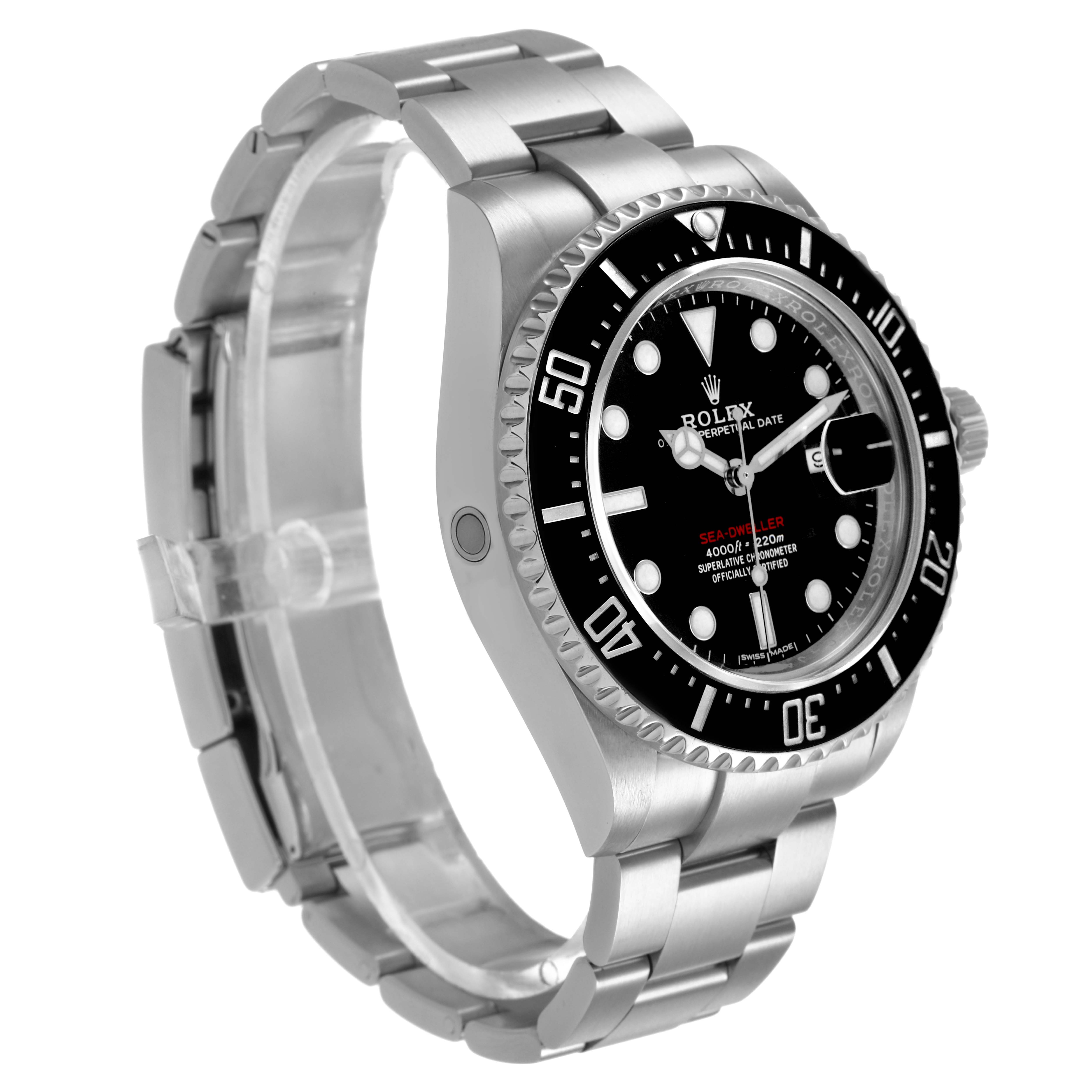 The image shows a side angle of a Rolex Sea-Dweller 126600 Men's Stainless Steel Black Dial watch, highlighting its bezel, dial, and metal bracelet.