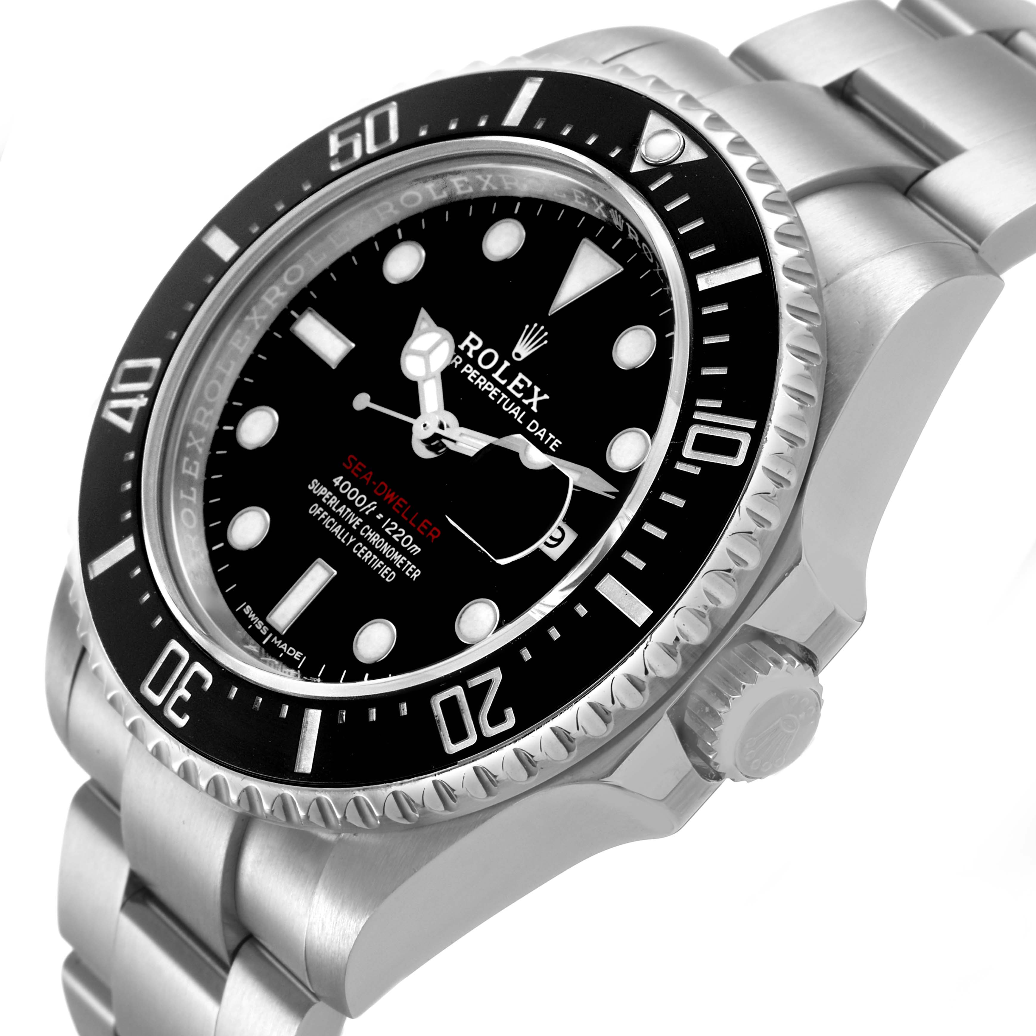 The Rolex Sea-Dweller 126600 Men's Stainless Steel Black Dial watch is shown at a slight angle, highlighting the bezel, crown, and bracelet.