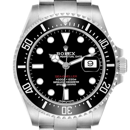 The Rolex Sea-Dweller 126600 Men's Stainless Steel Black Dial watch is shown from the front, highlighting the dial, bezel, and crown.