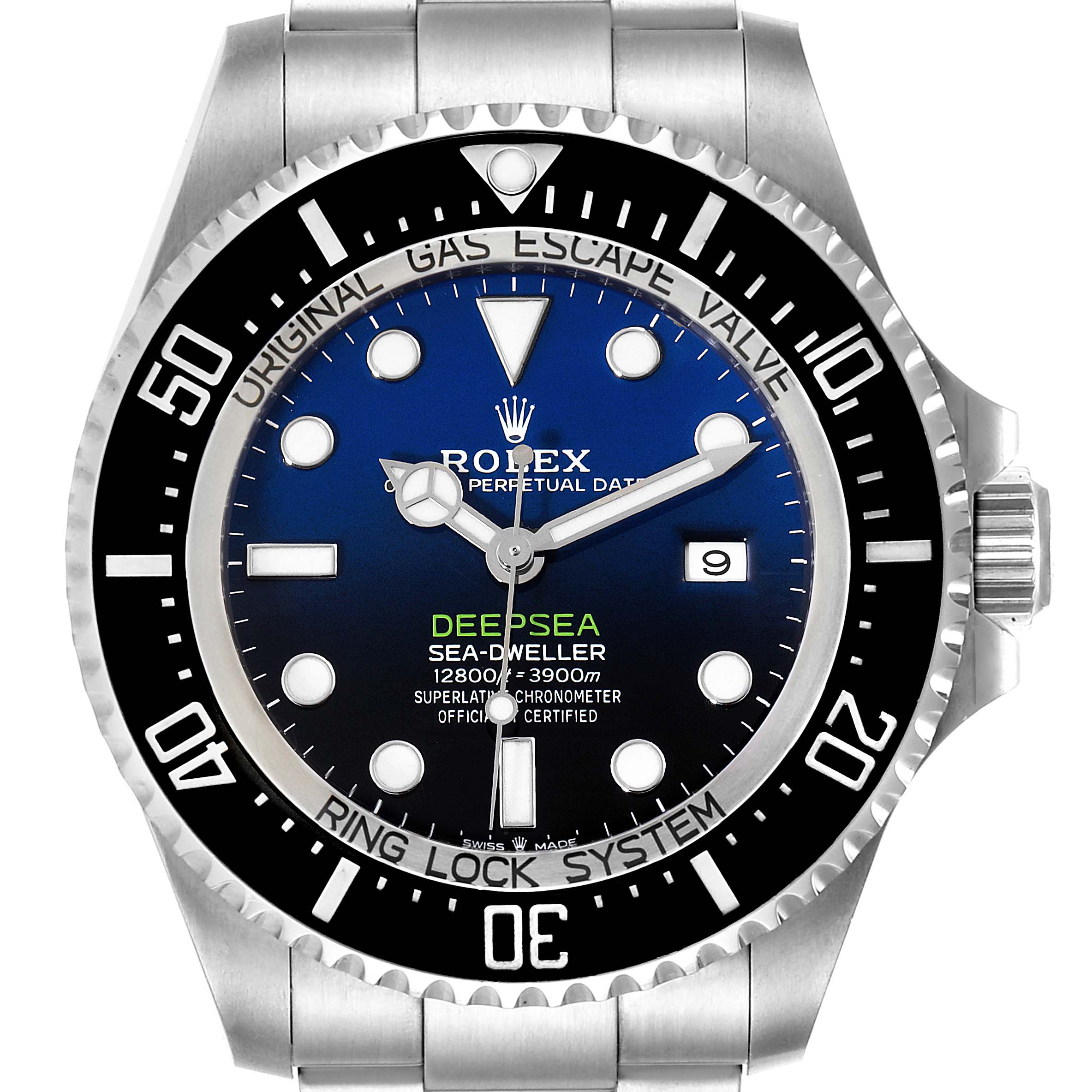 This image shows the front view of a Rolex Sea-Dweller 126660 Men
s Stainless Steel Blue Dial 126660 Men
s Stainless Steel Blue Dial Deepsea watch, highlighting the dial, bezel, hands, and bracelet.