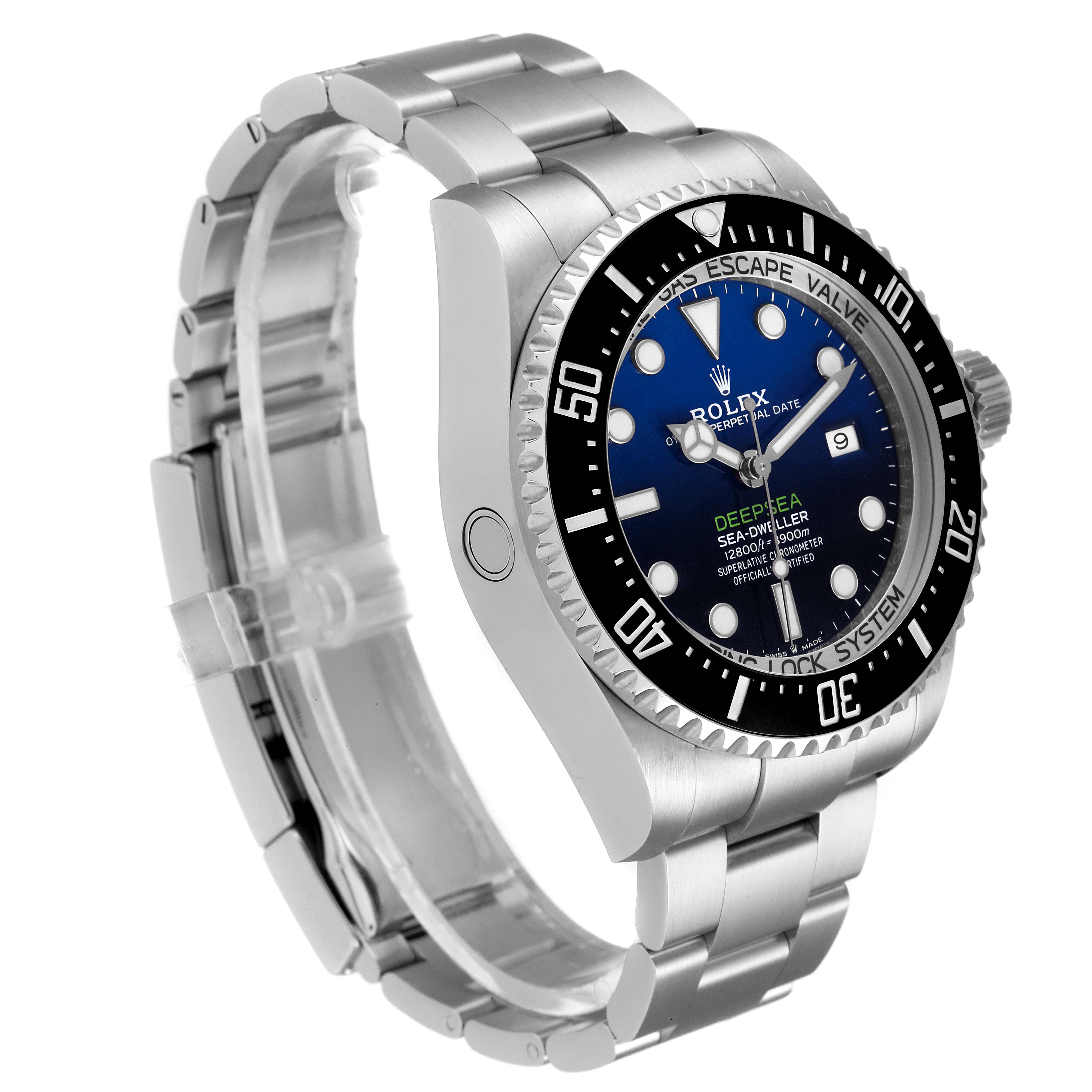 The image shows a Rolex Sea-Dweller 126660 Men
s Stainless Steel Blue Dial 126660 Men
s Stainless Steel Blue Dial watch at a 3/4 angle, highlighting the face, bezel, crown, and bracelet.
