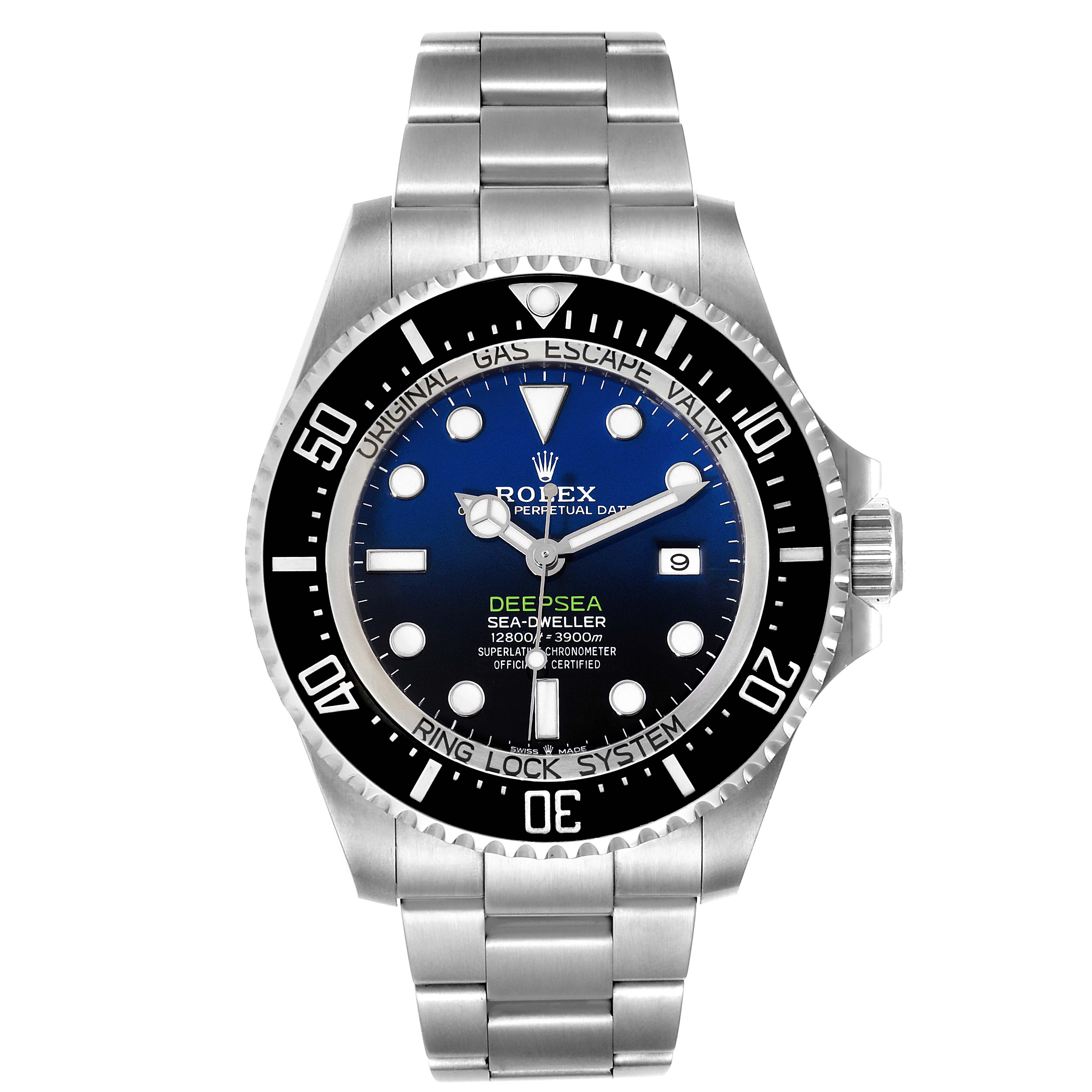 The image shows a front view of a Rolex Sea-Dweller 126660 Men
s Stainless Steel Blue Dial 126660 Men
s Stainless Steel Blue Dial Deepsea watch, highlighting the dial, bezel, and bracelet.