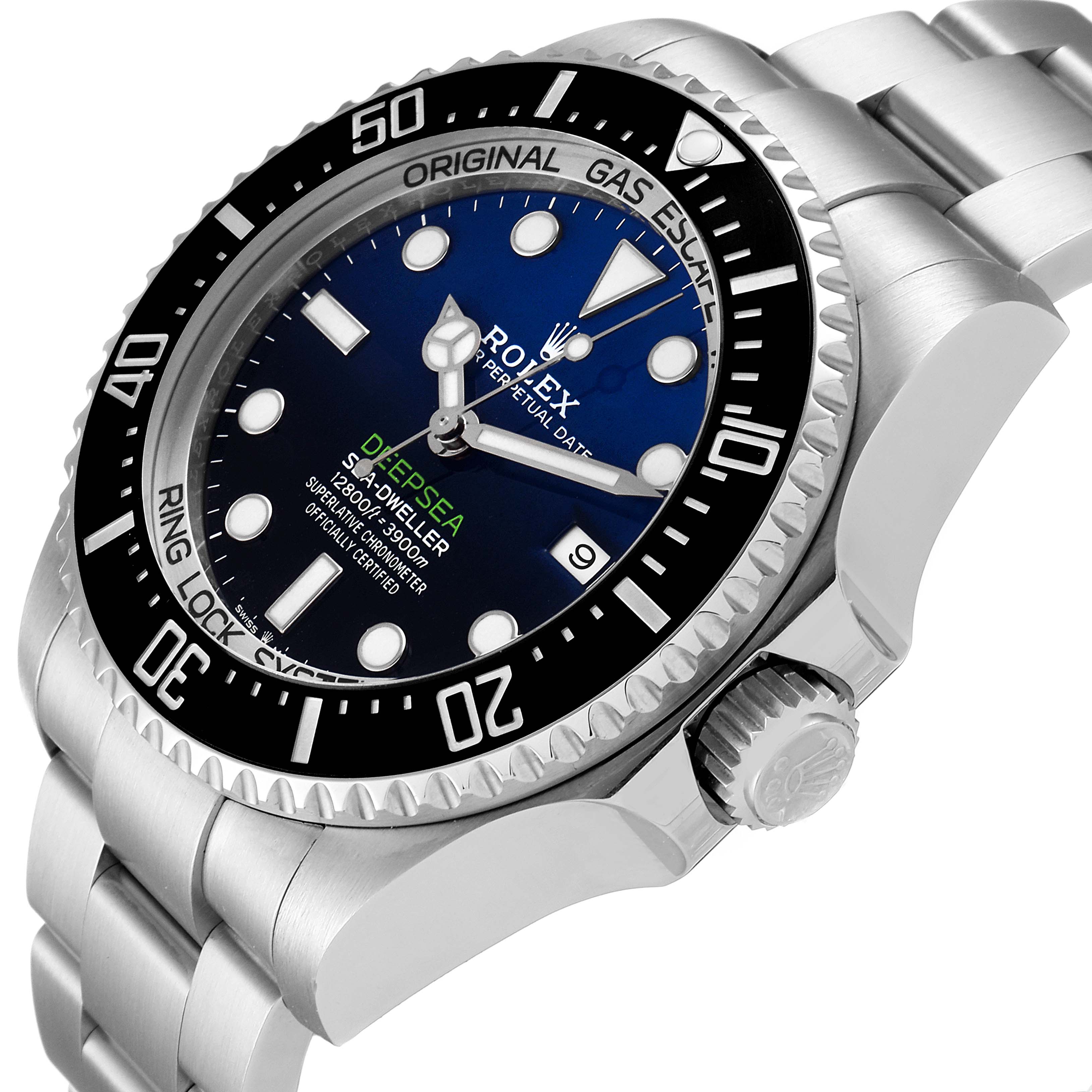 The image shows a side and angled view of a Rolex Sea-Dweller 126660 Men
s Stainless Steel Blue Dial 126660 Men
s Stainless Steel Blue Dial watch, highlighting the bezel, dial, bracelet, and crown.