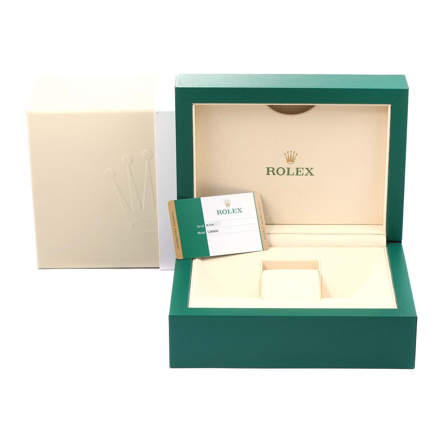 The image shows the box and Best Quality
ity card of a Rolex Sea-Dweller 126660 Men
s Stainless Steel Blue Dial 126660 Men
s Stainless Steel Blue Dial watch, displayed from the front.