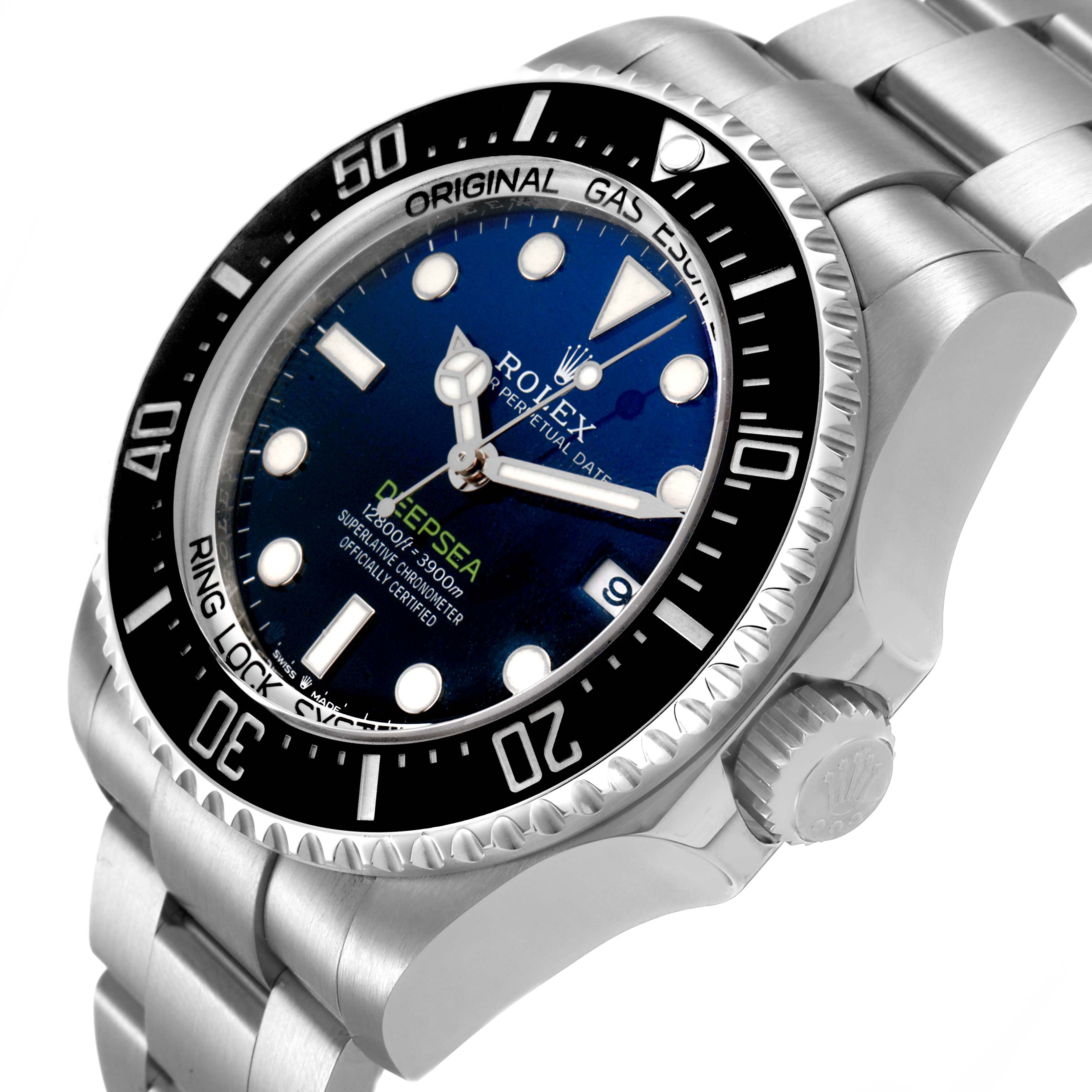 The Rolex Sea-Dweller 126660 Men's Stainless Steel Blue Dial watch is shown from a tilted side angle, displaying the dial, bezel, crown, and bracelet.