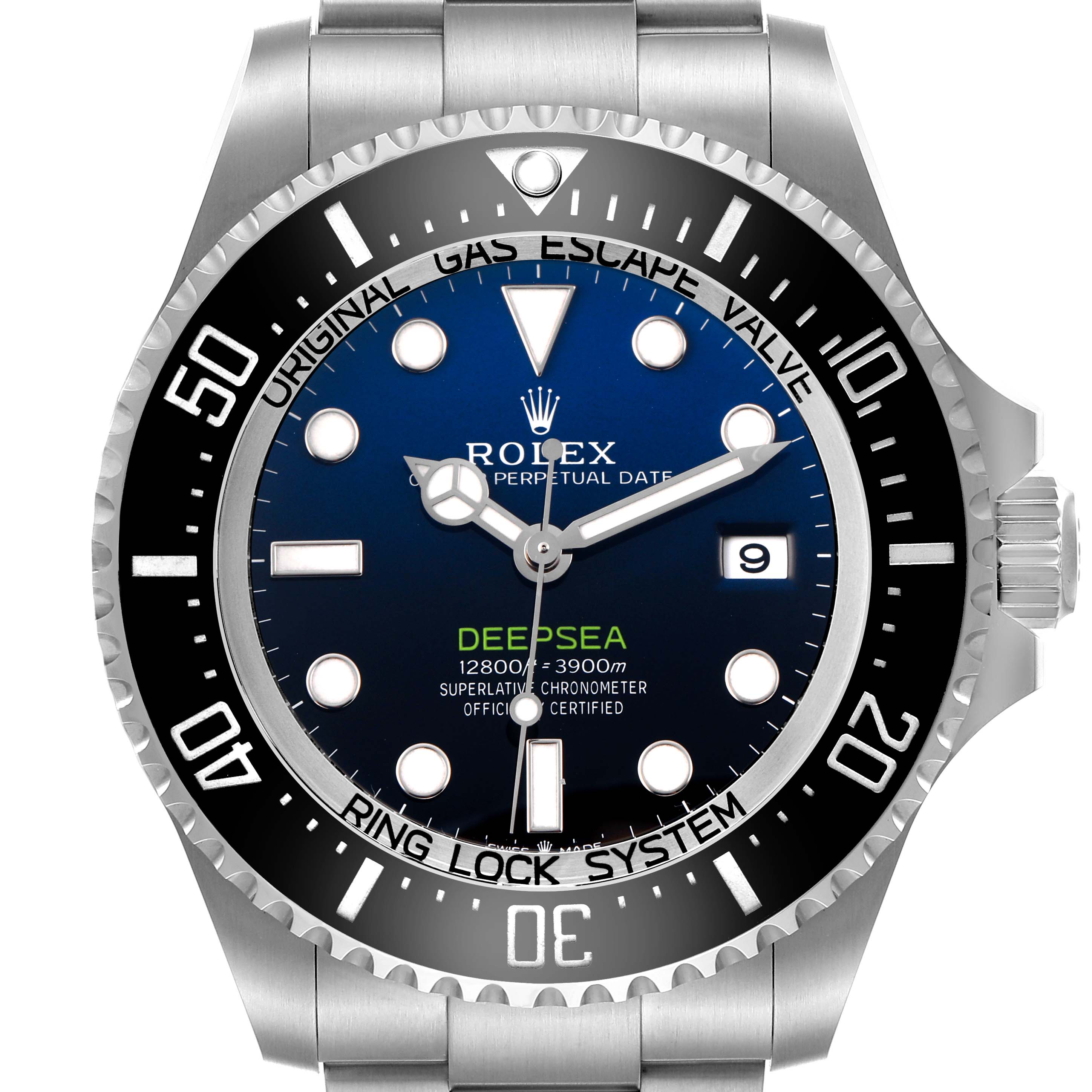 The Rolex Sea-Dweller 126660 Men's Stainless Steel Blue Dial watch is shown from the front, highlighting its bezel, dial, hands, and date window.