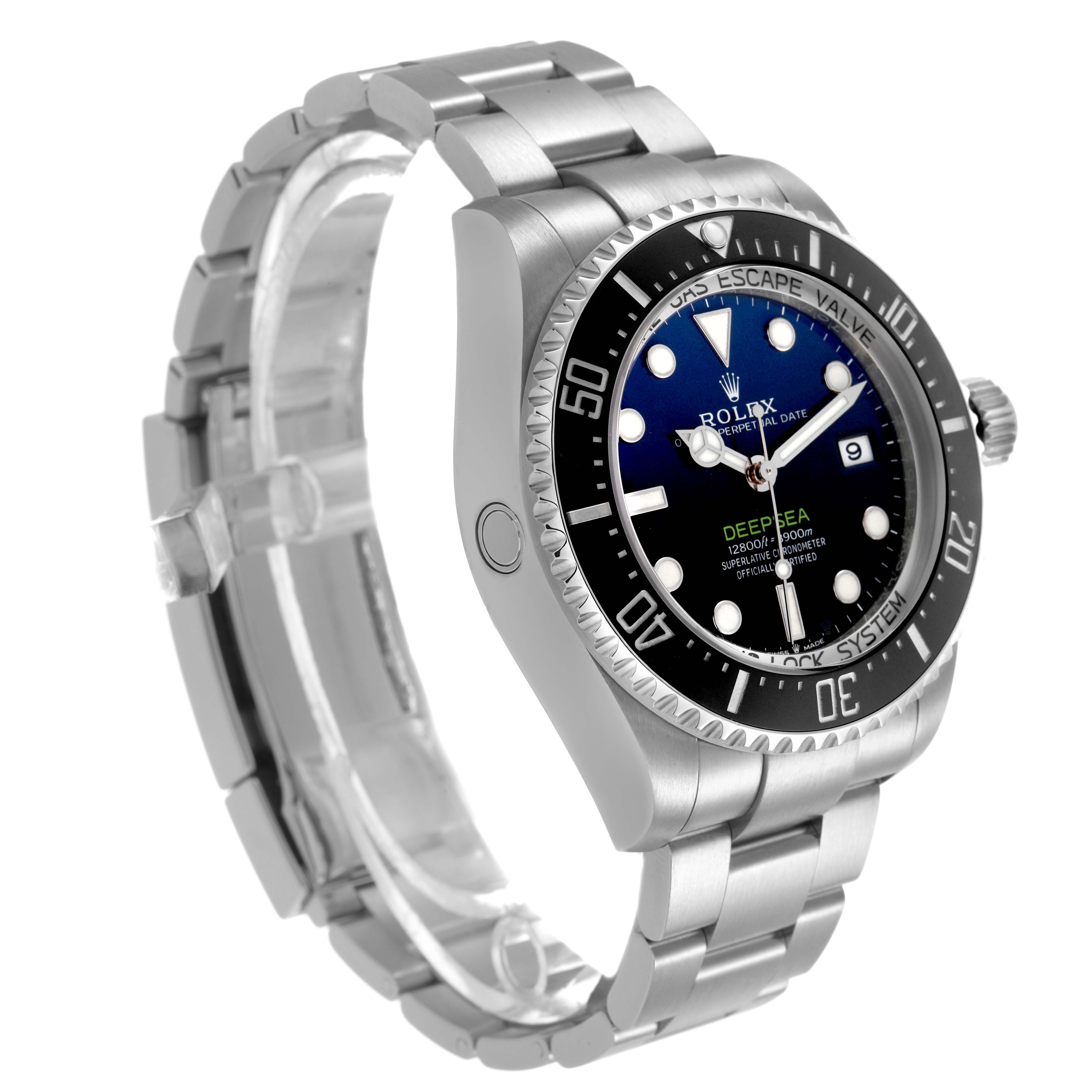 The Rolex Sea-Dweller 126660 Men's Stainless Steel Blue Dial is shown at a three-quarter angle, highlighting the face, bezel, crown, and bracelet.