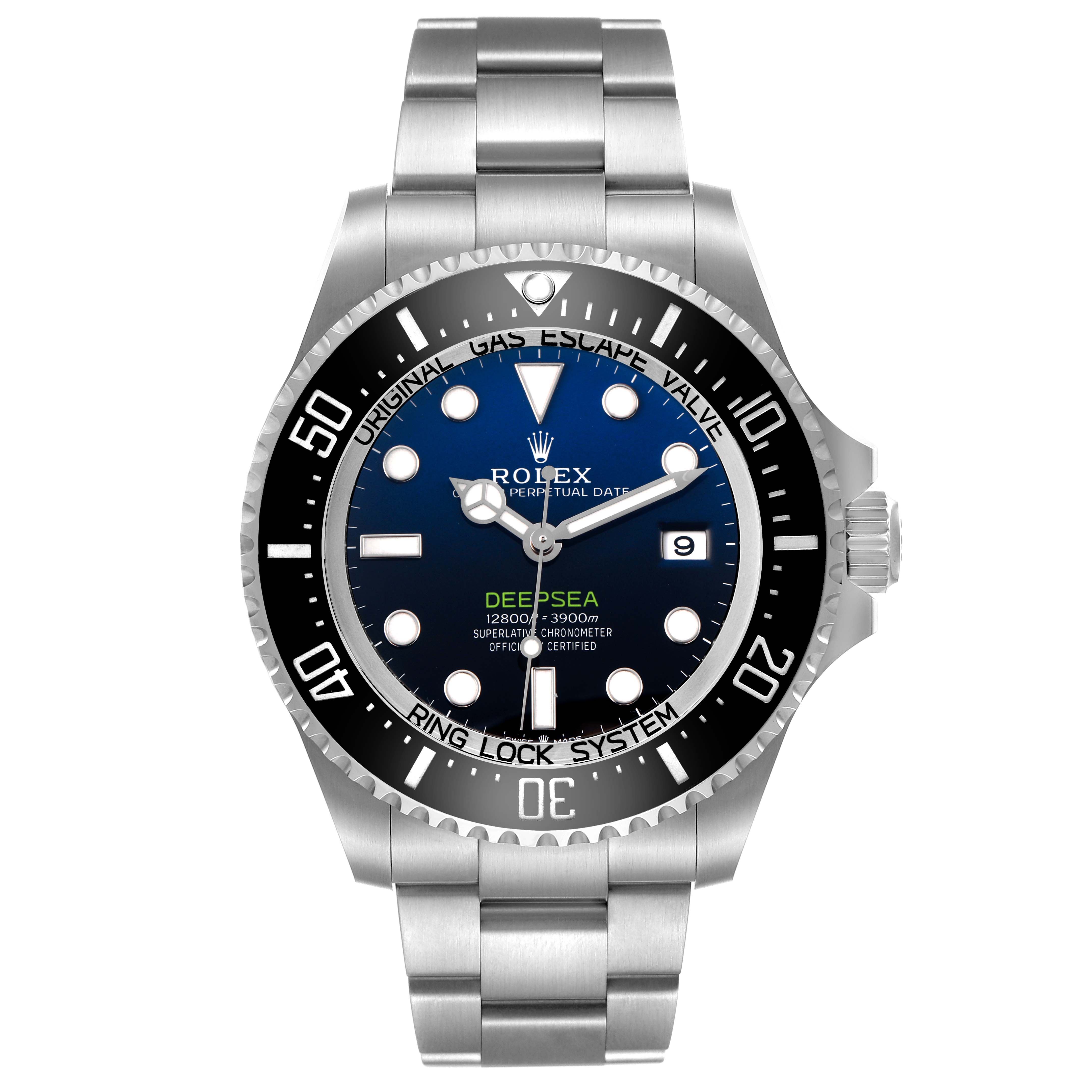 The Rolex Sea-Dweller 126660 Men's Stainless Steel Blue Dial watch is shown from a front angle, displaying the face, bezel, bracelet, and crown.