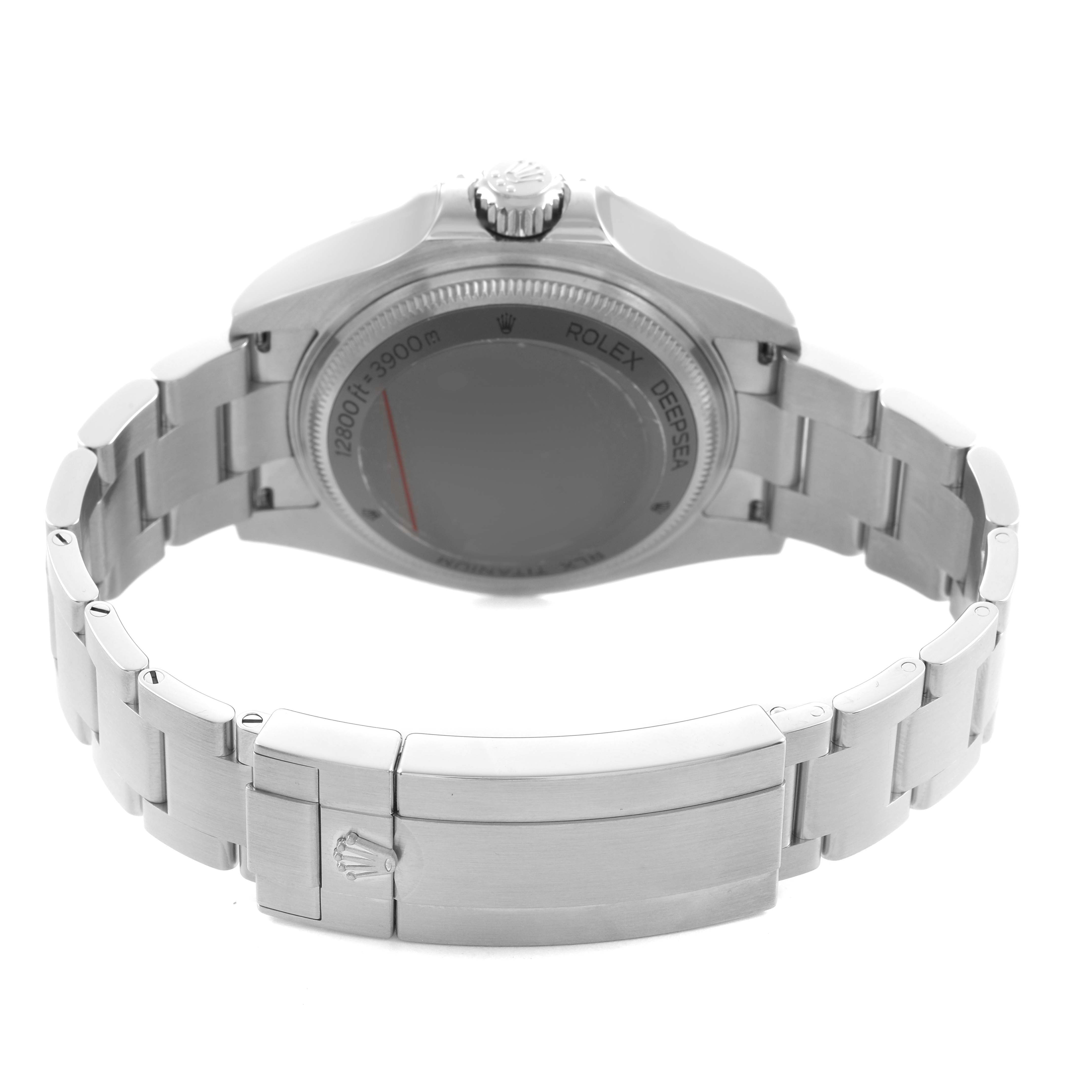 The image shows the back and clasp of the Rolex Sea-Dweller 126660 Men's Stainless Steel Blue Dial, highlighting the case back and stainless steel bracelet.