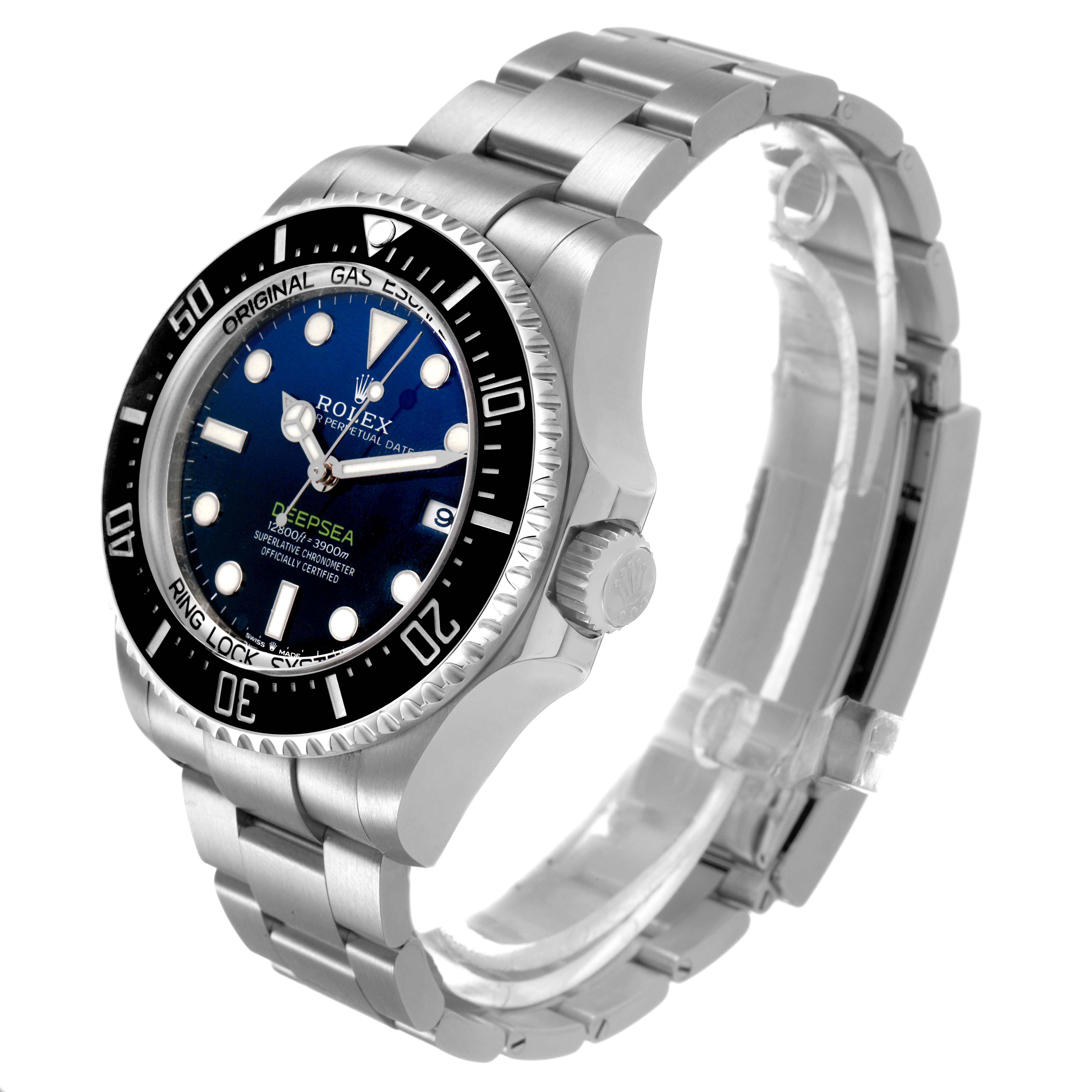 The Rolex Sea-Dweller 126660 Men's Stainless Steel Blue Dial watch is shown at a 3/4 angle, displaying its face, bezel, crown, and bracelet.