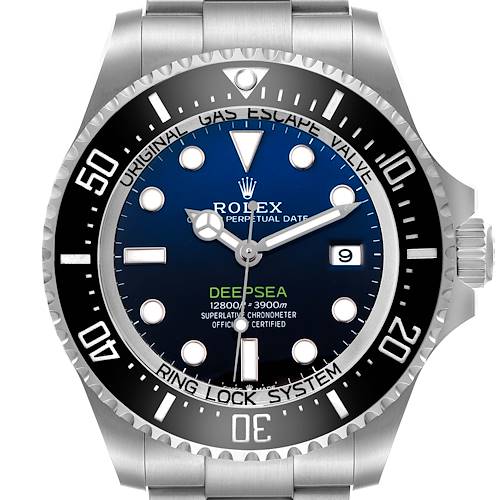 The Rolex Sea-Dweller 126660 Men's Stainless Steel Blue Dial is shown from a front angle, highlighting its dial, bezel, and bracelet.