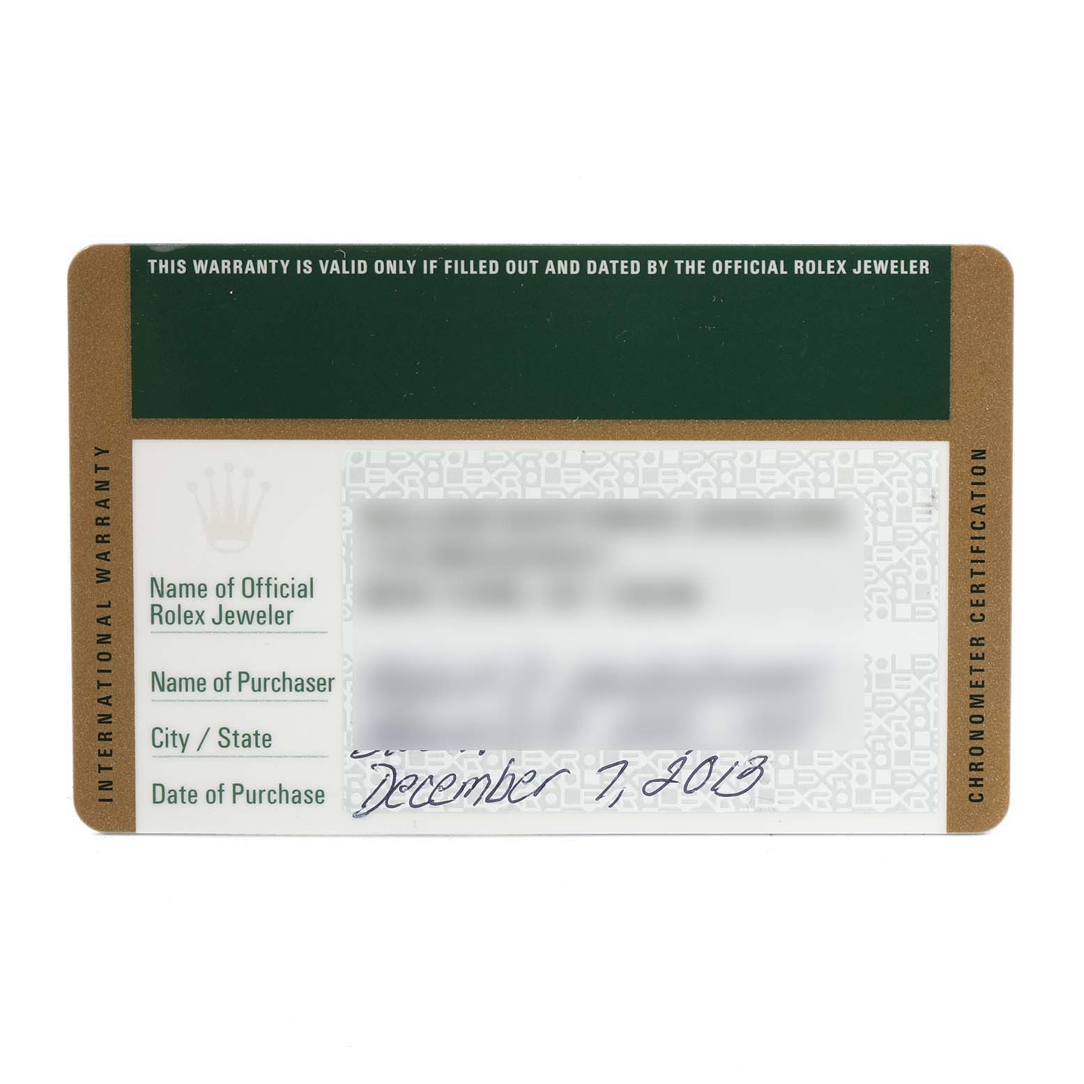 This image shows a Rolex Sky-Dweller 326135 Men's Rose Gold Brown Dial 326135 Men's Rose Gold Brown Dial warranty card with details about the purchaser and official jeweler.