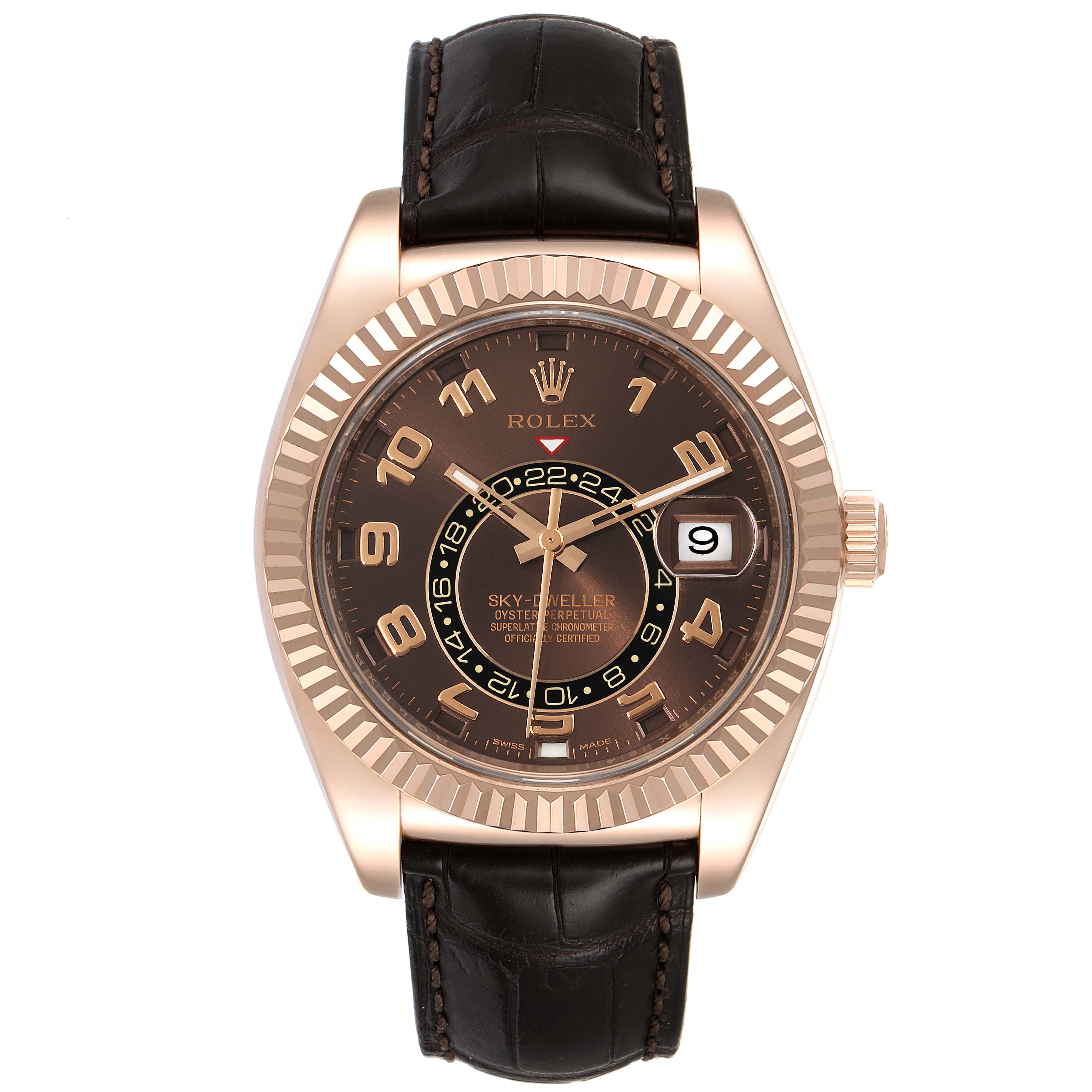This image shows a front angle of the Rolex Sky-Dweller 326135 Men's Rose Gold Brown Dial 326135 Men's Rose Gold Brown Dial watch, highlighting its dial, leather strap, and fluted bezel.