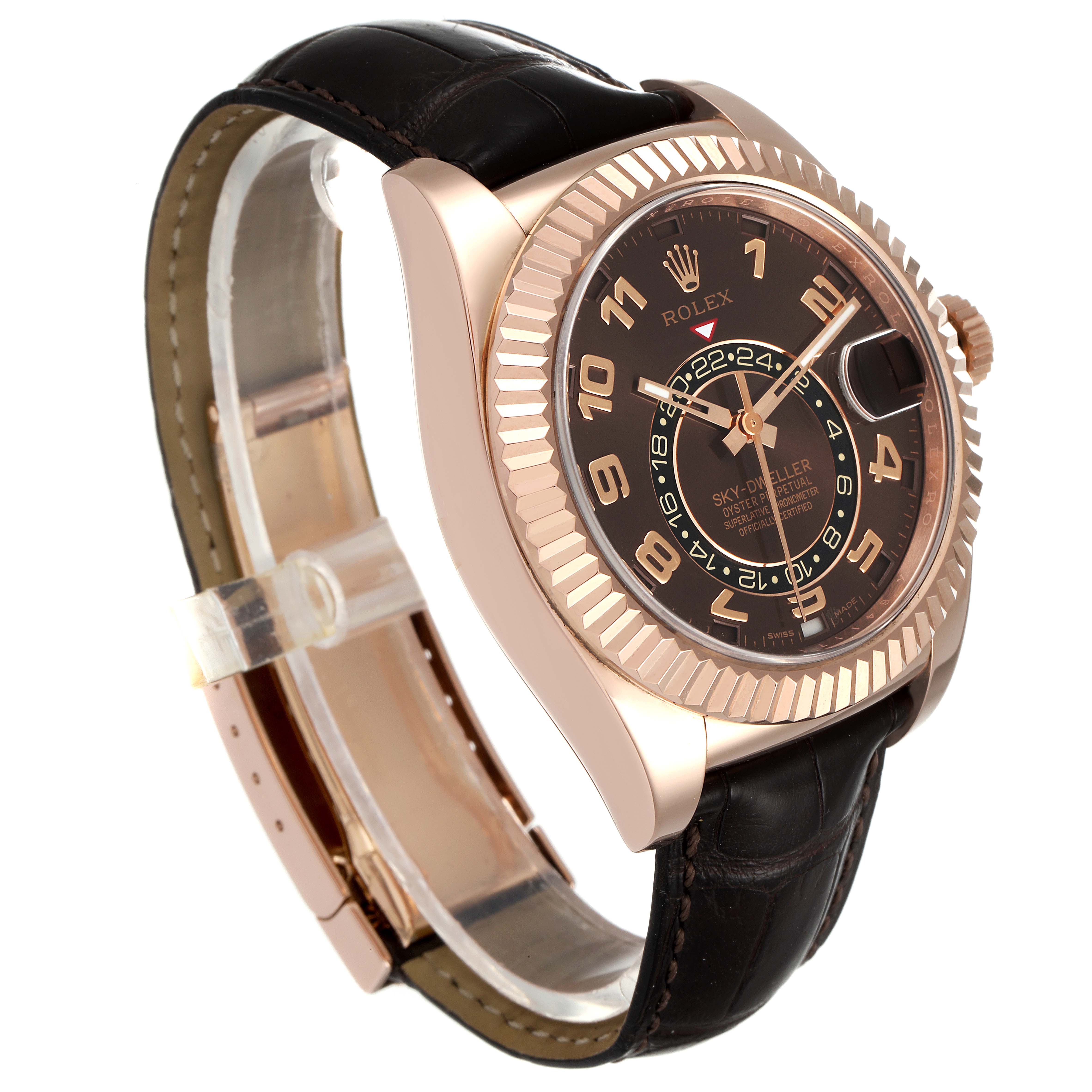 The Rolex Sky-Dweller 326135 Men's Rose Gold Brown Dial 326135 Men's Rose Gold Brown Dial watch is shown at a slight right angle, highlighting its face, bezel, and strap.