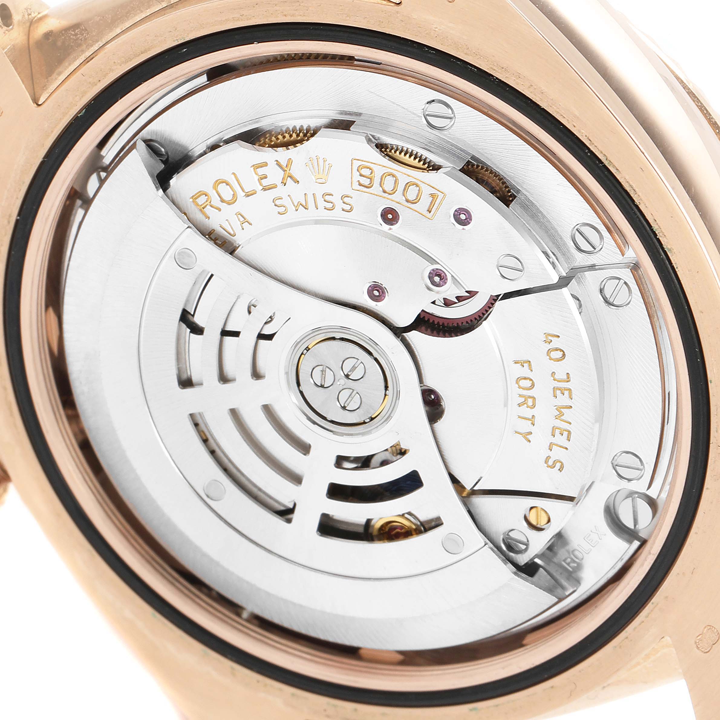 This image shows the intricate inner mechanism of a Rolex Sky-Dweller 326135 Men's Rose Gold Brown Dial 326135 Men's Rose Gold Brown Dial watch from a back view.