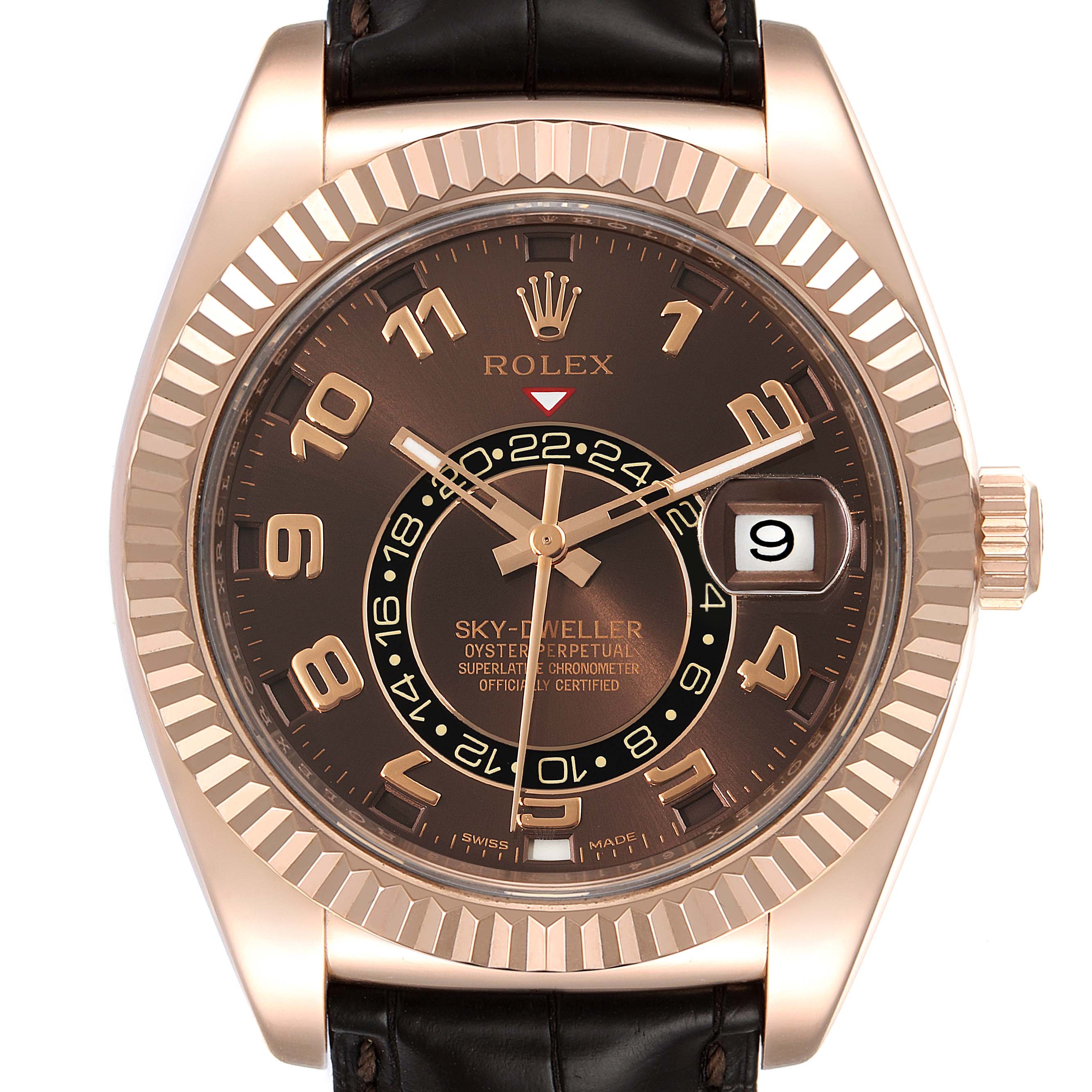 This image shows a front view of a Rolex Sky-Dweller 326135 Men's Rose Gold Brown Dial 326135 Men's Rose Gold Brown Dial watch with a rose gold case, brown dial, and black leather strap.