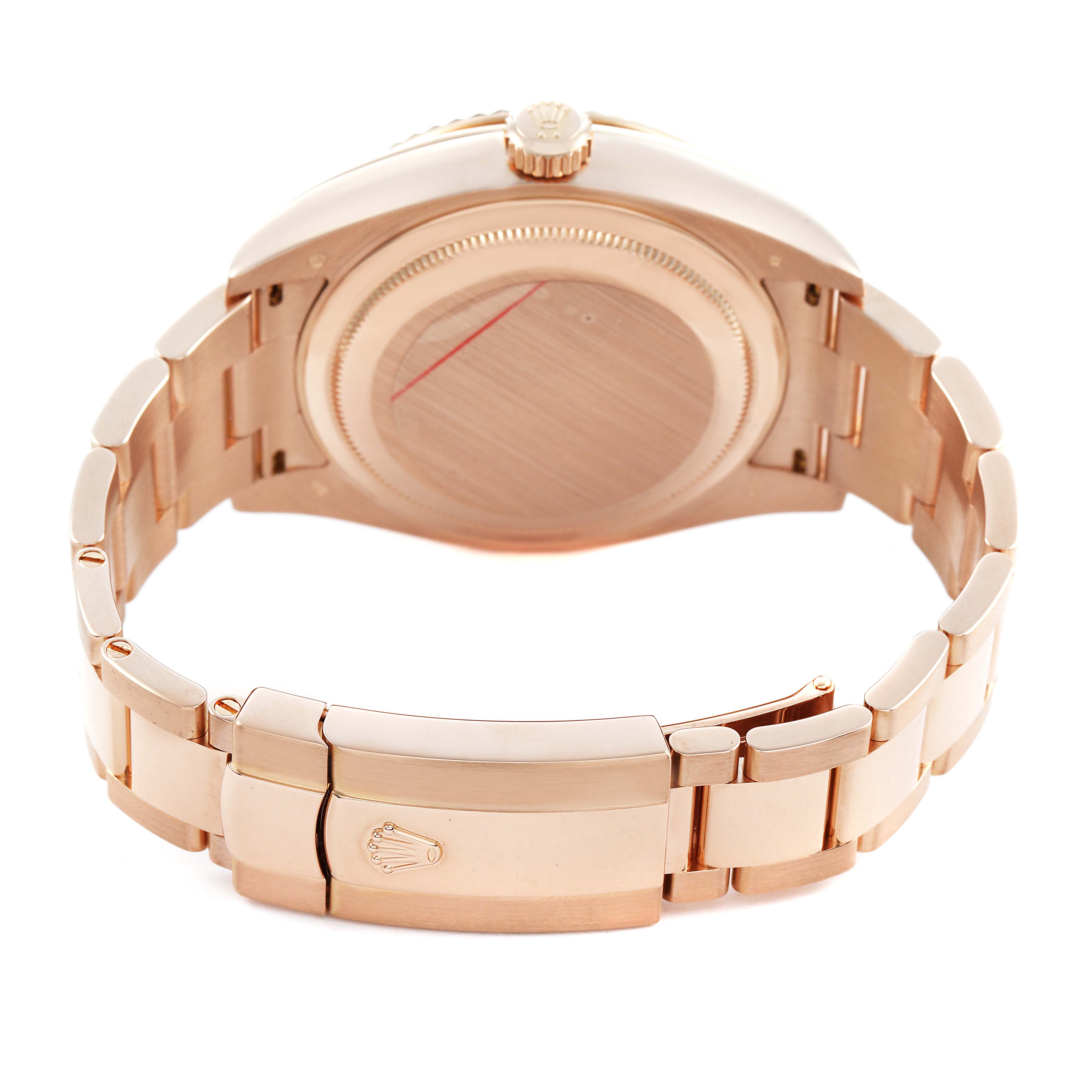 The image shows the back view of a Rolex Sky-Dweller 326935 Men's Rose Gold Pink Dial watch, highlighting the case back, bracelet, and clasp.