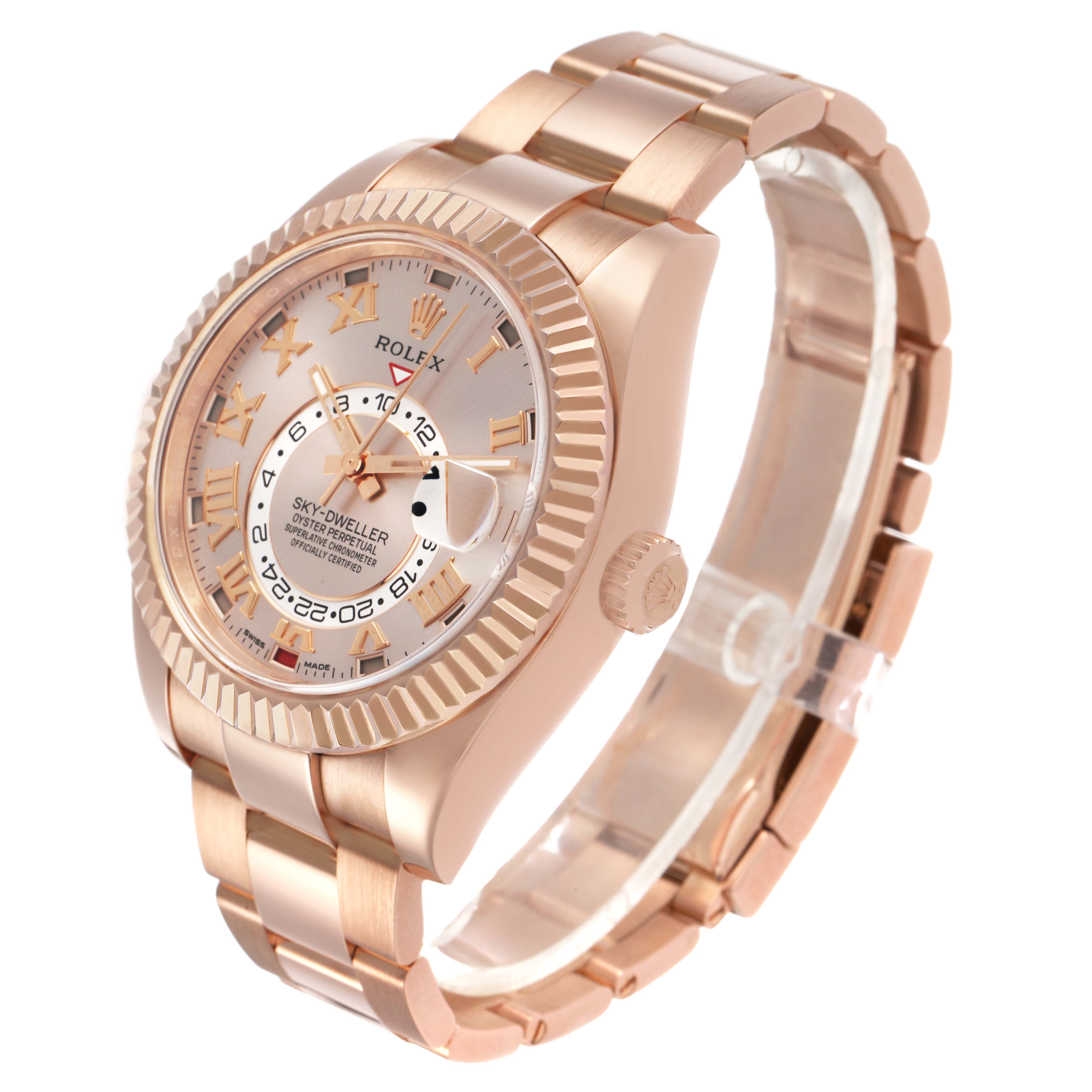 The Rolex Sky-Dweller 326935 Men's Rose Gold Pink Dial watch is shown at a three-quarter angle, displaying the face, bezel, and part of the bracelet.
