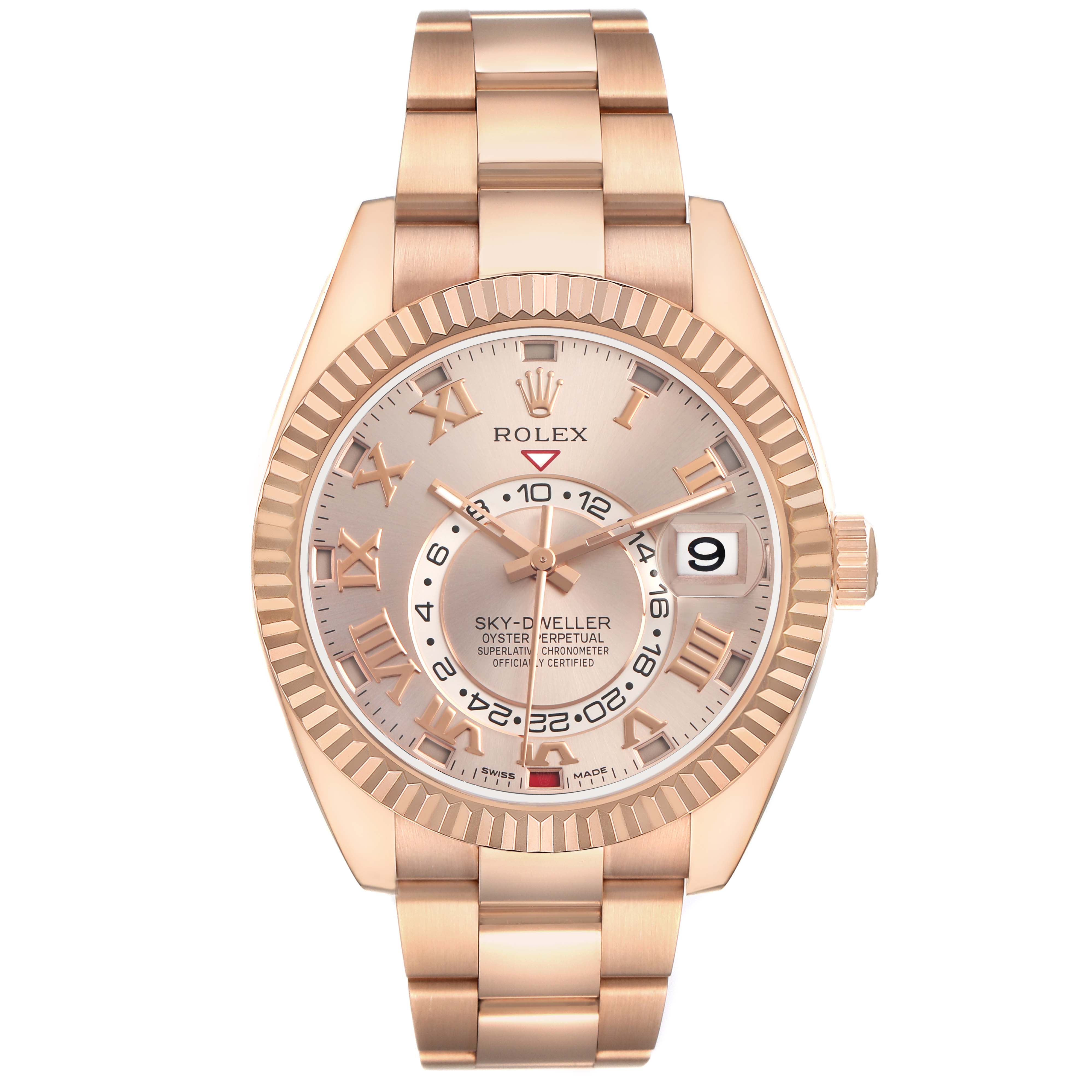 The Rolex Sky-Dweller 326935 Men's Rose Gold Pink Dial watch is shown from a frontal angle, highlighting the dial, bezel, bracelet, and crown.