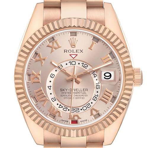 The Rolex Sky-Dweller 326935 Men's Rose Gold Pink Dial watch is shown from a front angle, displaying its face, bezel, dial, and bracelet links.