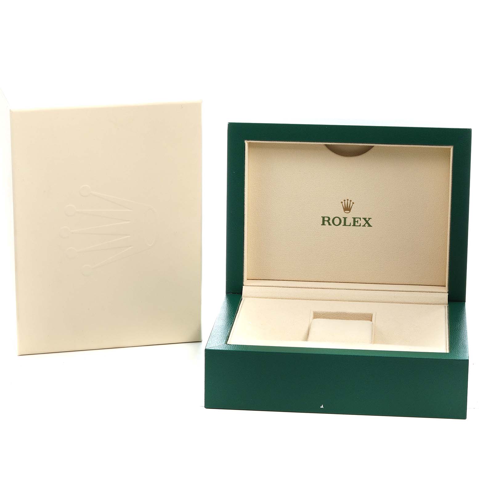 The image shows the open and closed boxes for a Rolex Sky-Dweller 326935 Men's Rose Gold Pink Dial, with the logo visible inside the open box.
