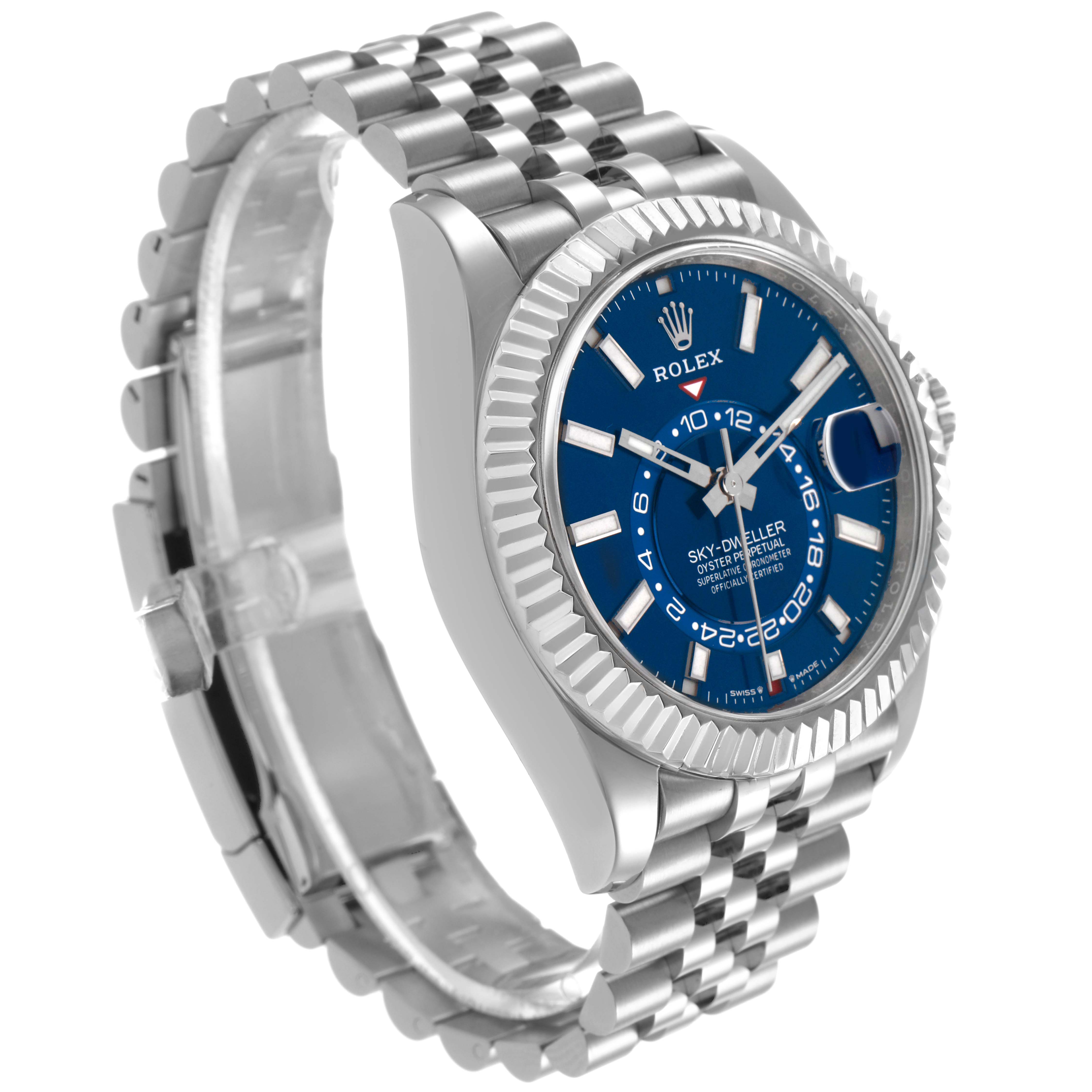 The Rolex Sky-Dweller 336934 Men's Stainless Steel Blue Dial watch is shown at an angled side view, highlighting the blue dial, fluted bezel, and Jubilee bracelet.