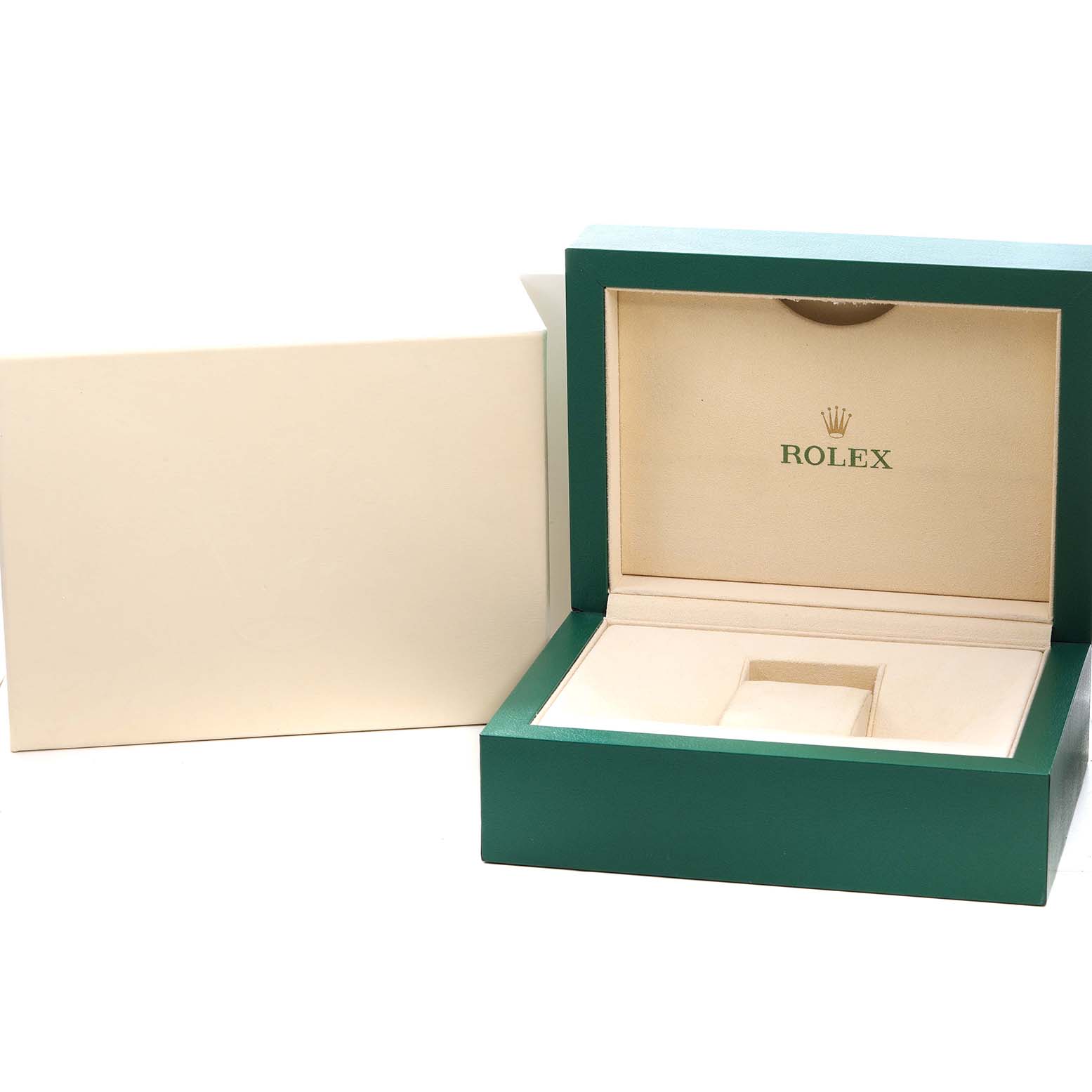 The image shows an open green Rolex Sky-Dweller 336934 Men's Stainless Steel Blue Dial watch box with a cream interior, viewed from the front.