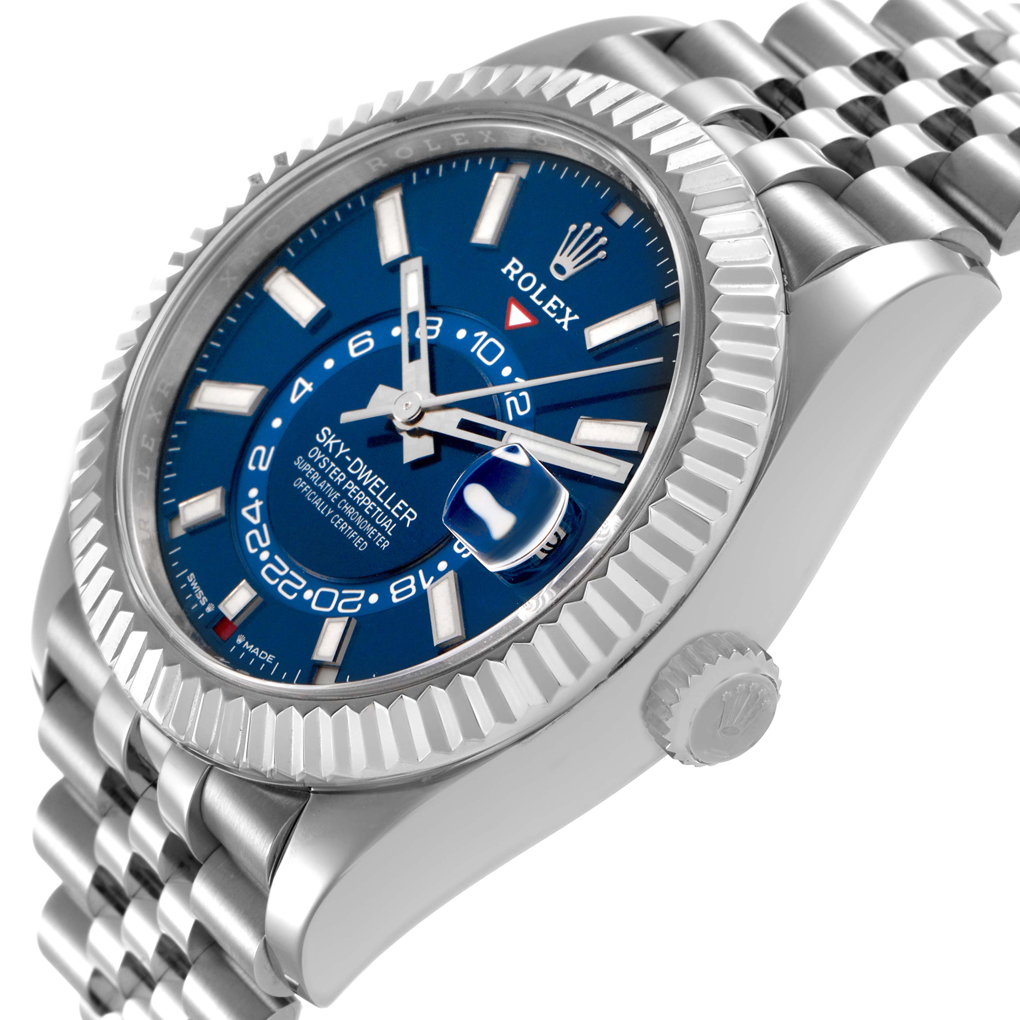 The Rolex Sky-Dweller 336934 Men's Stainless Steel Blue Dial is shown at a three-quarter side angle, highlighting the blue dial, fluted bezel, crown, and stainless steel bracelet.