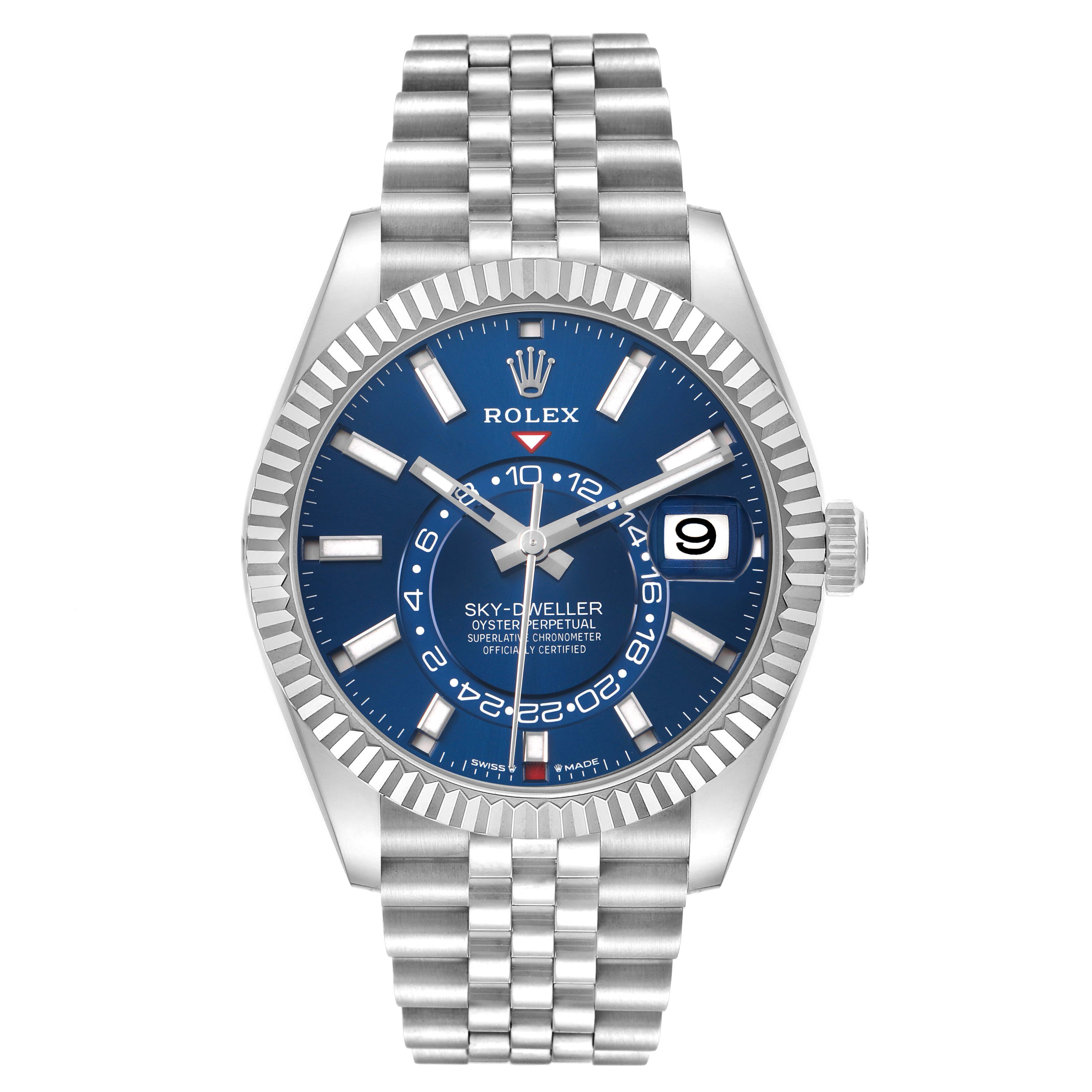 The Rolex Sky-Dweller 336934 Men's Stainless Steel Blue Dial watch is shown from the front, highlighting its blue dial and fluted bezel.